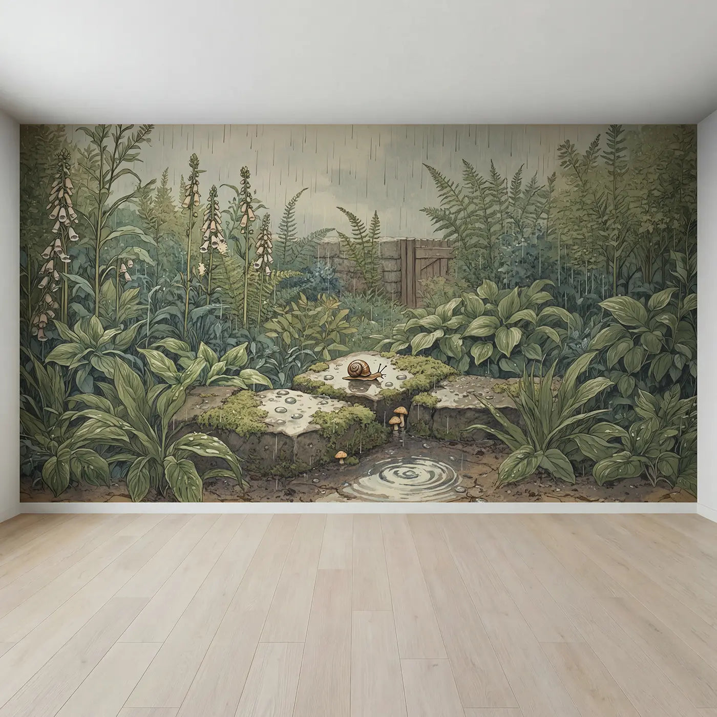 Full view of Rainy Garden Snail Stone Wallpaper Mural by Whimsy Tots