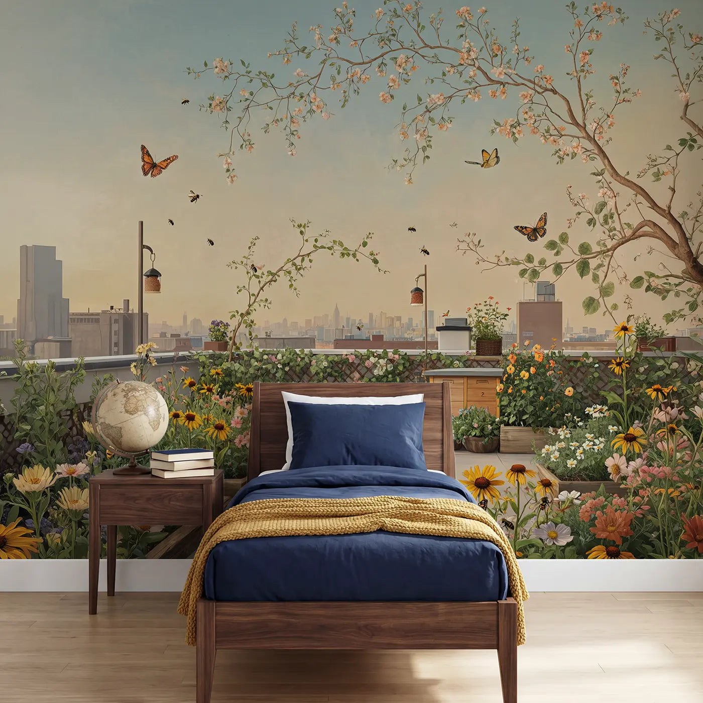 Botanical Elegance rooftop wildflower garden city wallpaper mural for kids room by Whimsy Tots