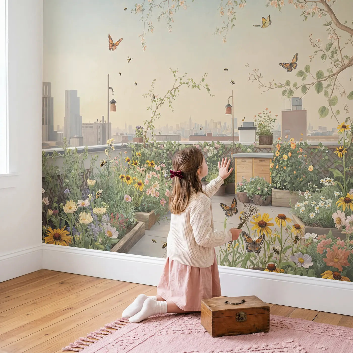 Child in nursery with Rooftop Wildflower Garden City Wallpaper Mural by Whimsy Tots