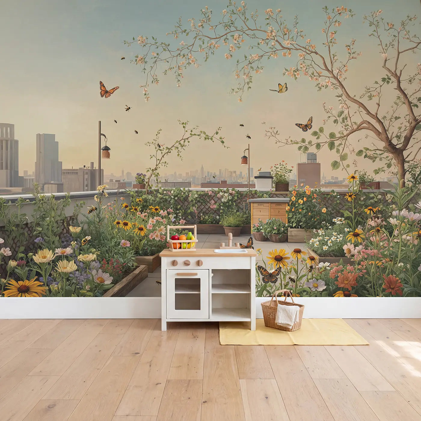 Rooftop Wildflower Garden City Wallpaper Mural in playroom setting by Whimsy Tots