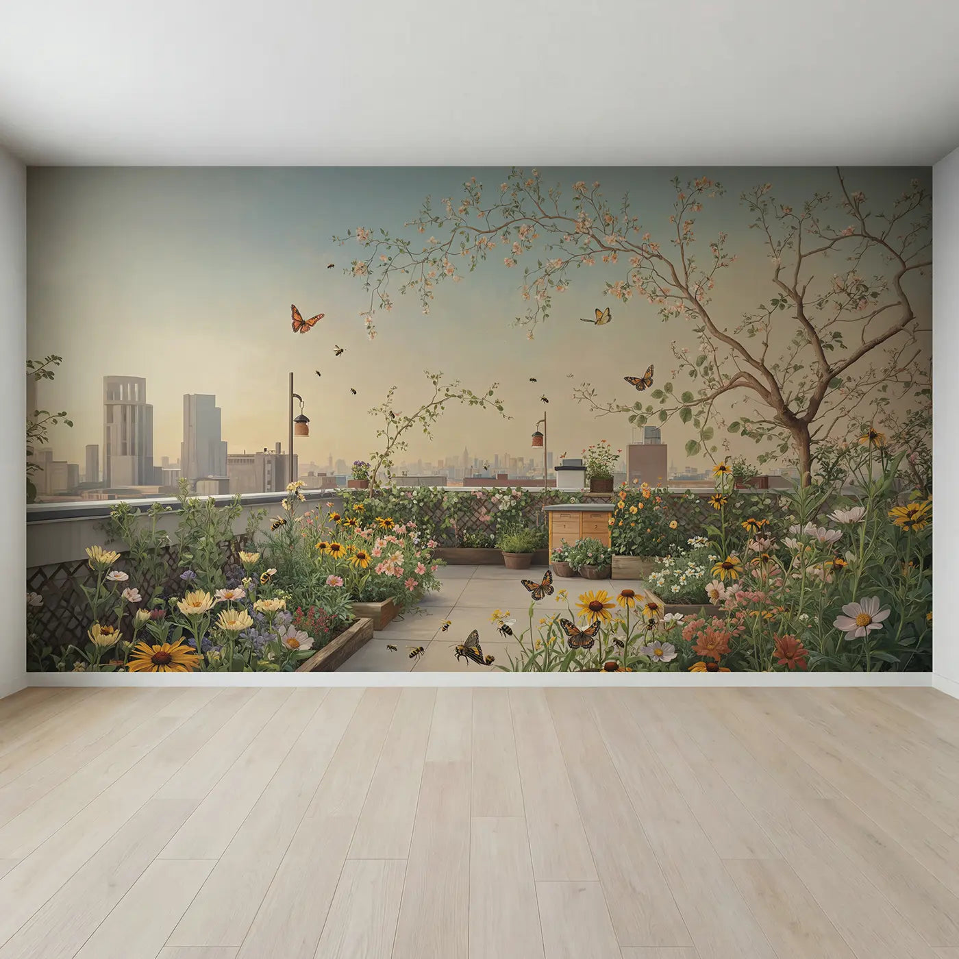 Full view of Rooftop Wildflower Garden City Wallpaper Mural by Whimsy Tots