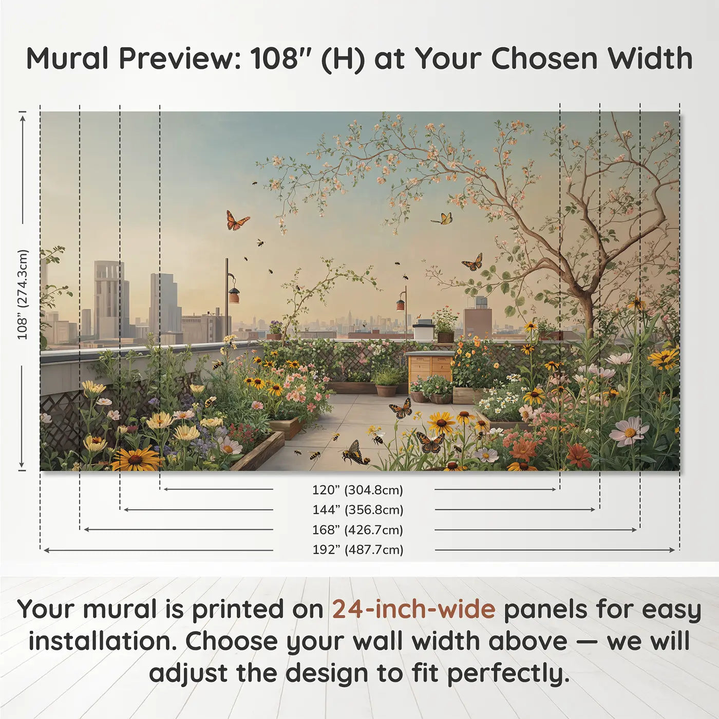 Panel layout and dimensions for Rooftop Wildflower Garden City Wallpaper Mural by Whimsy Tots
