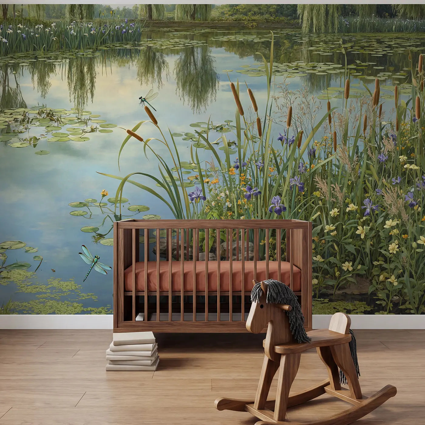 Botanical elegance dragonfly cattail garden pond wallpaper mural for nursery by Whimsy Tots