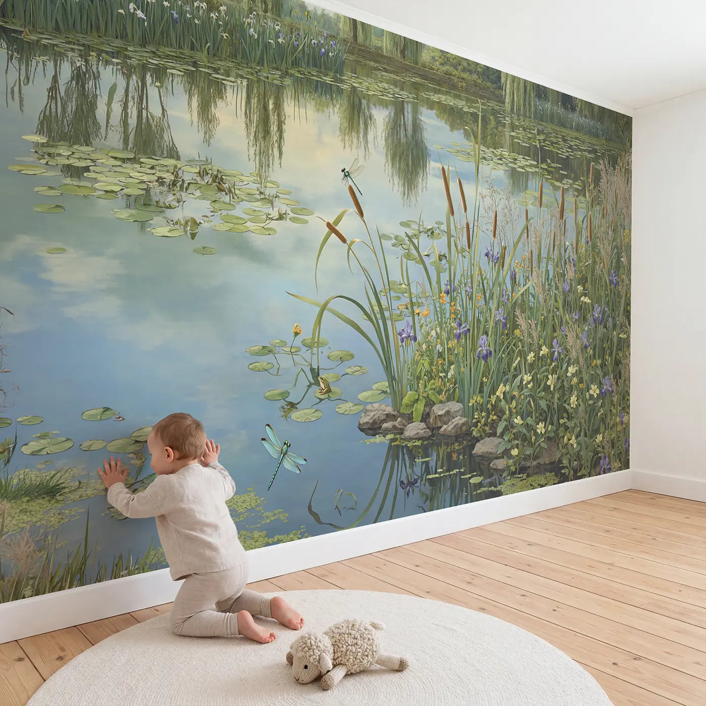 Child in nursery with Dragonfly Cattail Garden Pond Wallpaper Mural by Whimsy Tots