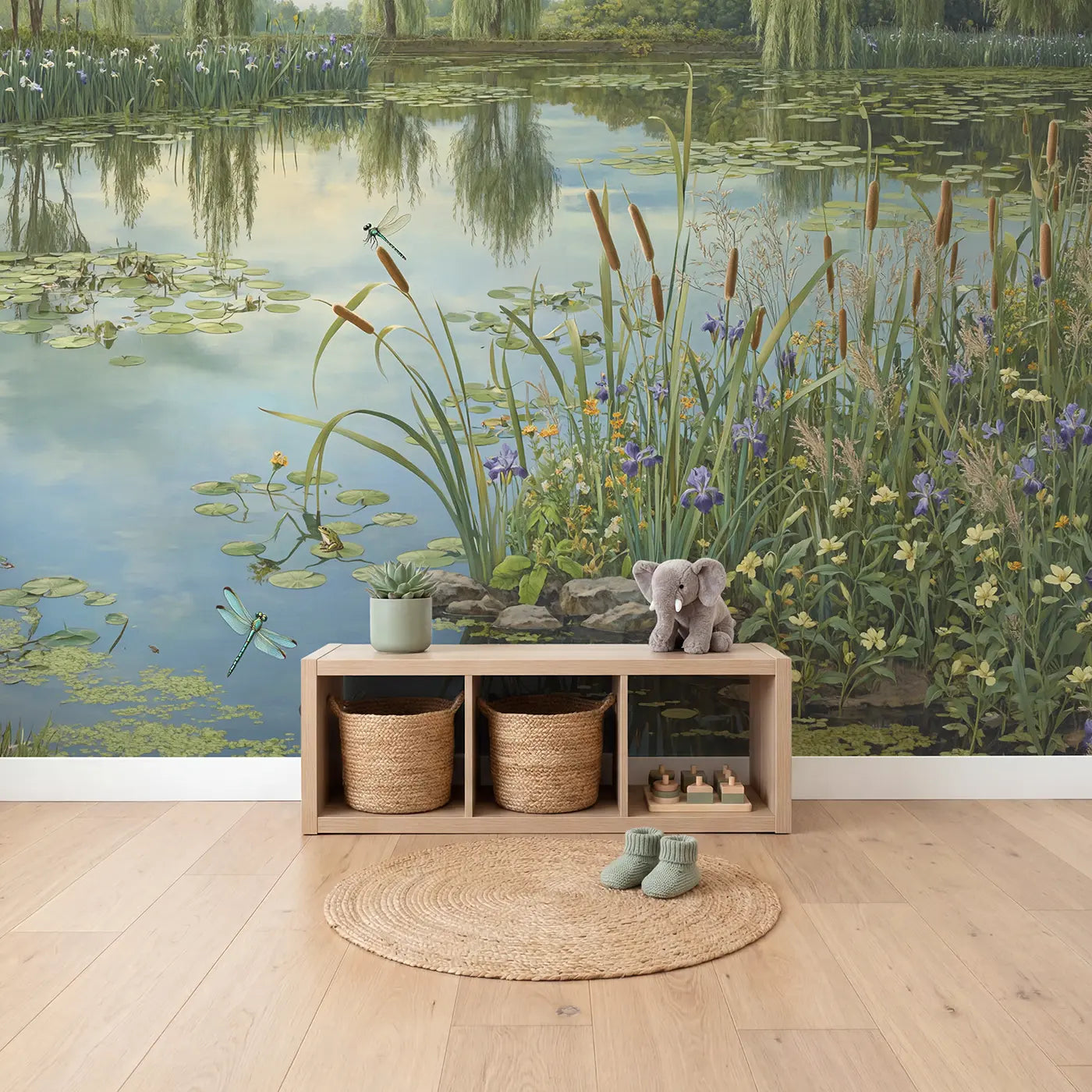 Dragonfly Cattail Garden Pond Wallpaper Mural in playroom setting by Whimsy Tots