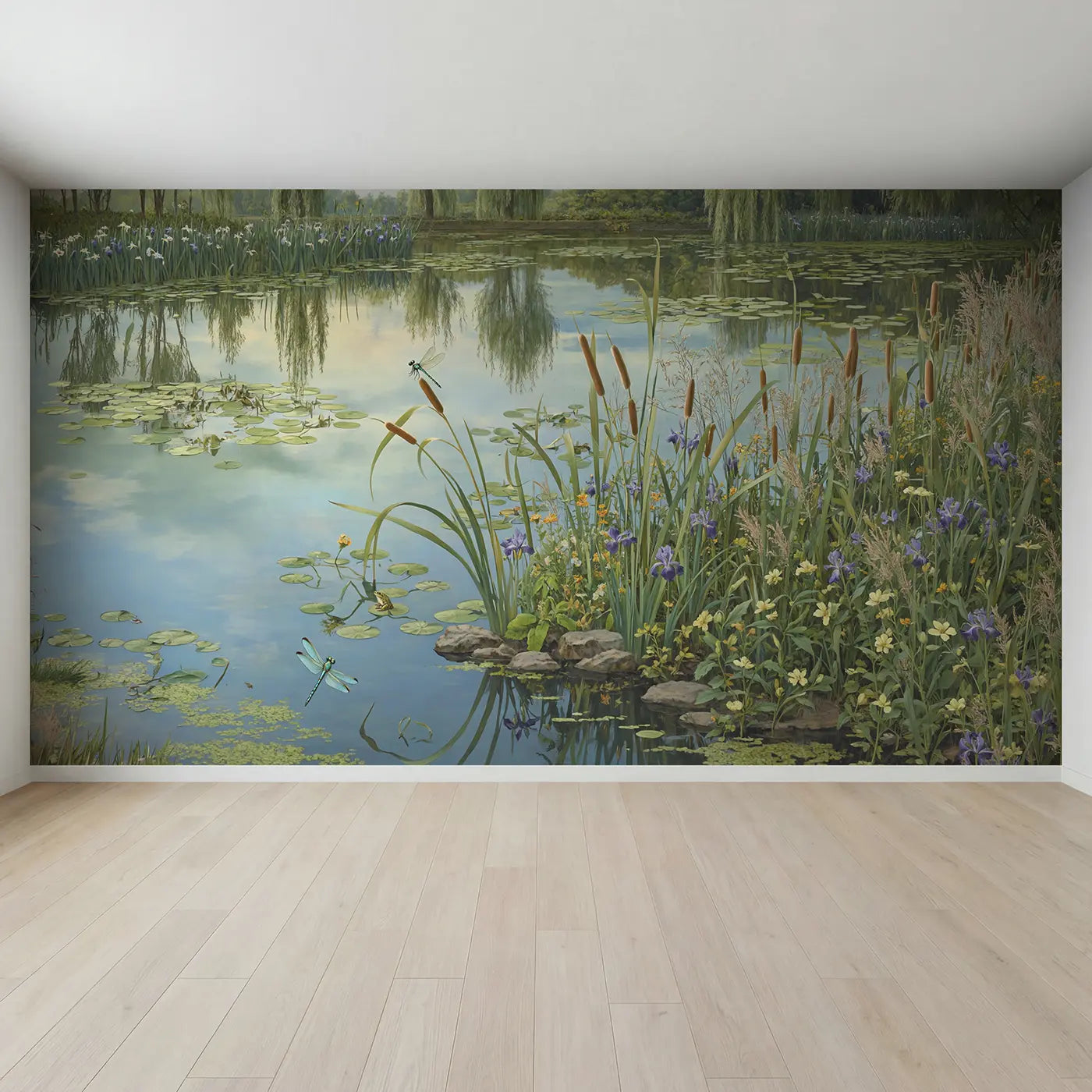 Full view of Dragonfly Cattail Garden Pond Wallpaper Mural by Whimsy Tots