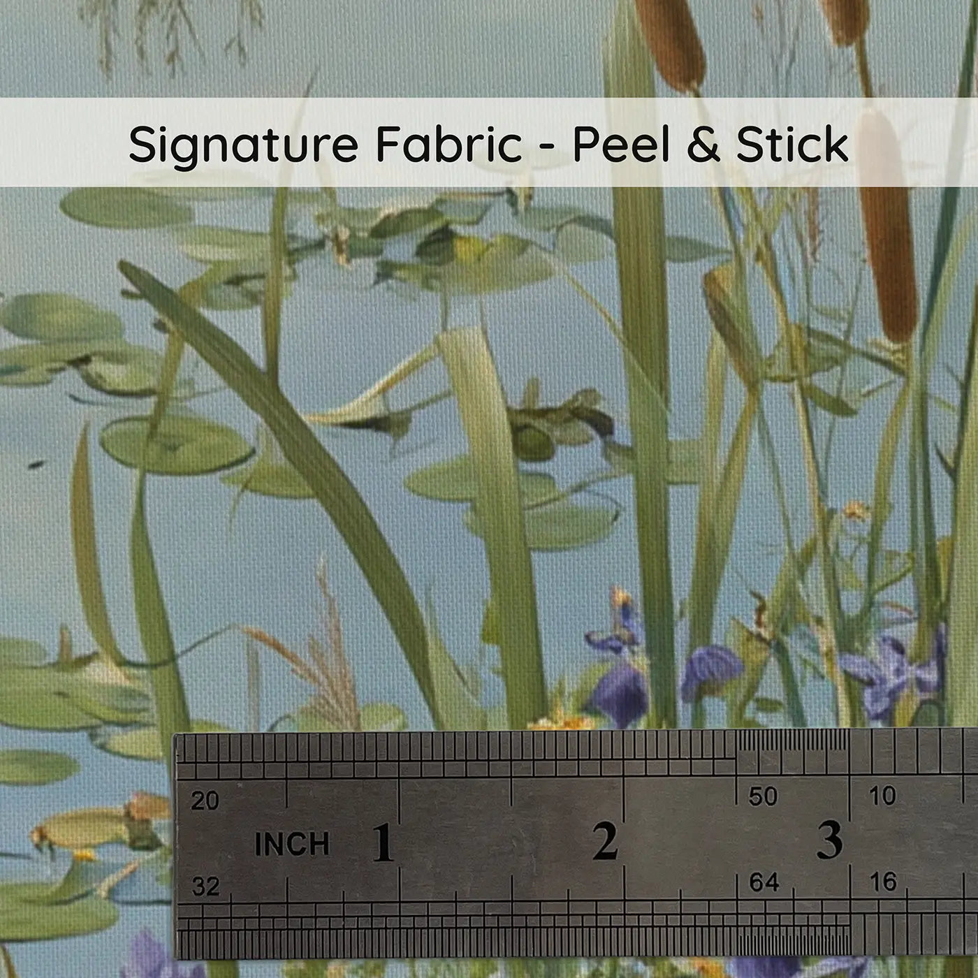 Fabric texture close-up of Dragonfly Cattail Garden Pond Wallpaper Mural by Whimsy Tots