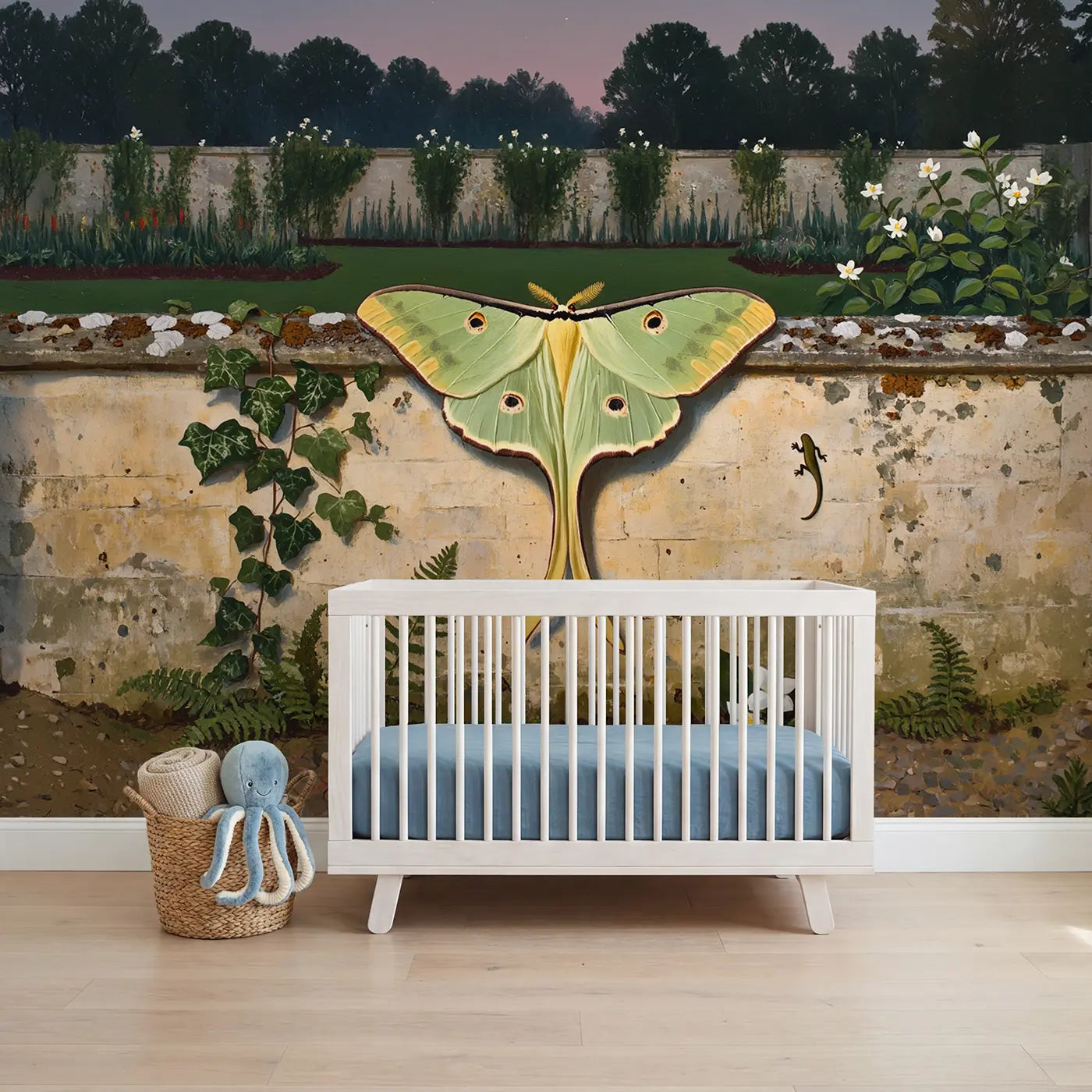 Painted landscape luna moth on garden wall wallpaper mural for boys room by Whimsy Tots