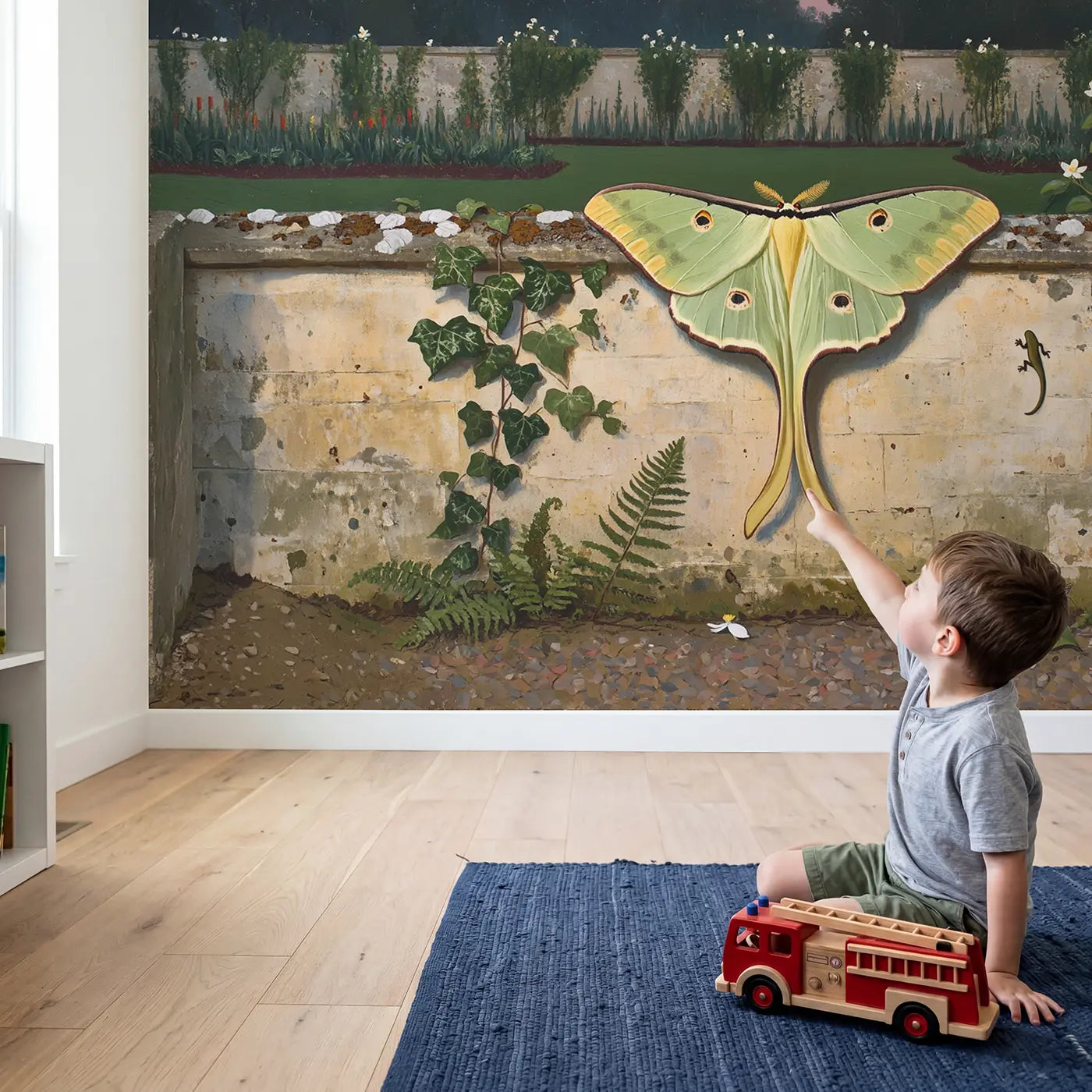 Child in nursery with Luna Moth Garden Wall Wallpaper Mural by Whimsy Tots
