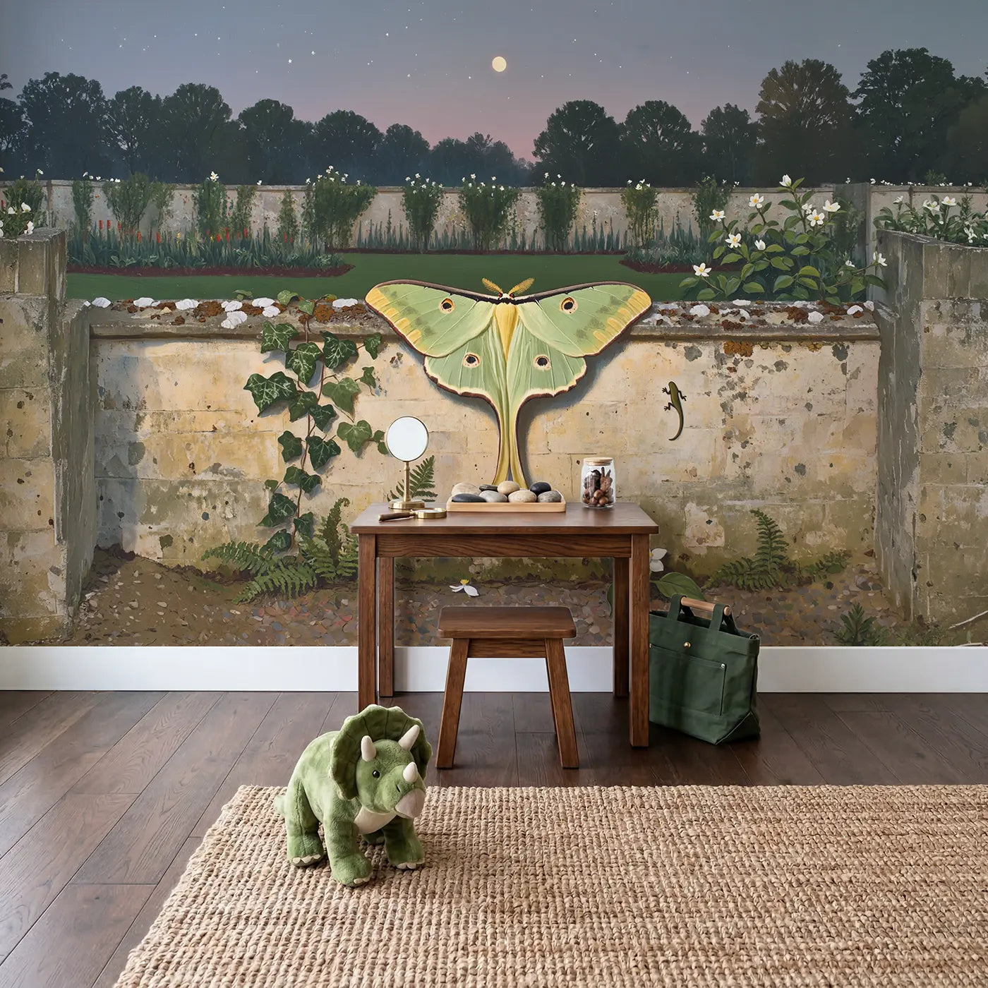 Luna Moth Garden Wall Wallpaper Mural in playroom setting by Whimsy Tots