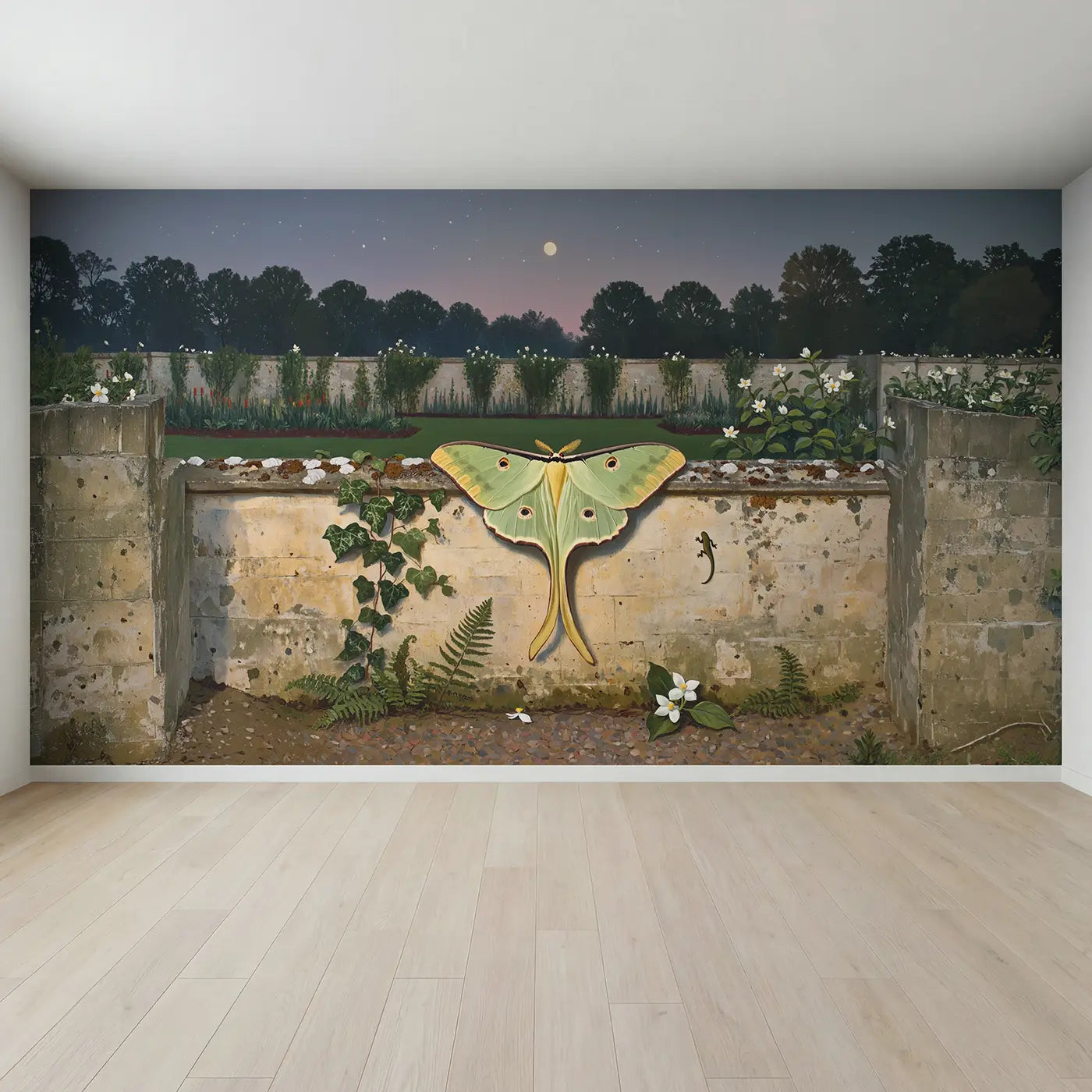 Full view of Luna Moth Garden Wall Wallpaper Mural by Whimsy Tots
