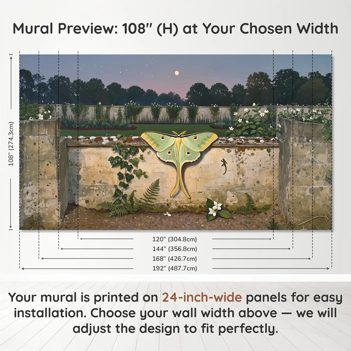 Panel layout and dimensions for Luna Moth Garden Wall Wallpaper Mural by Whimsy Tots