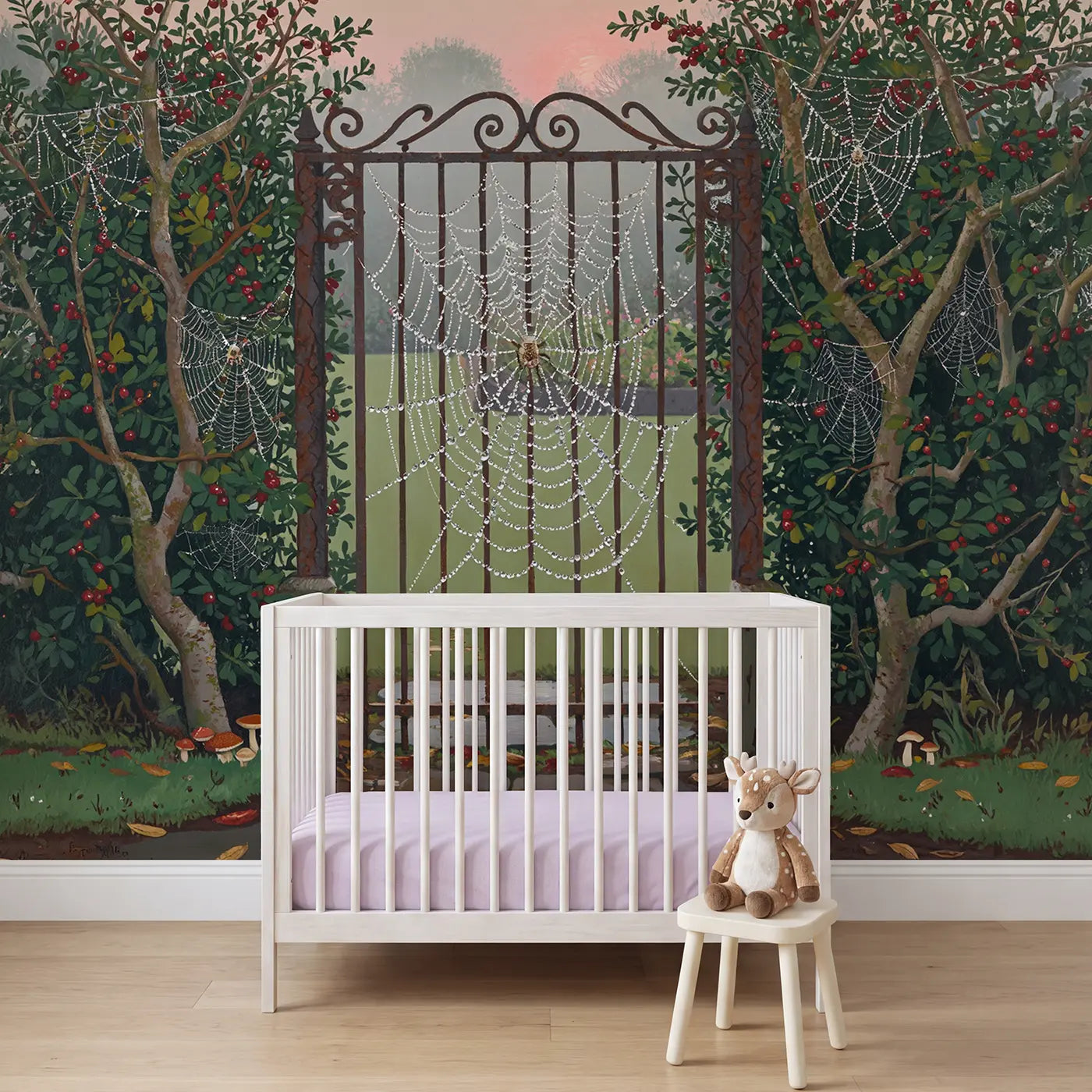 Modern illustration dewy cobweb garden gate wallpaper mural for girls nursery by Whimsy Tots