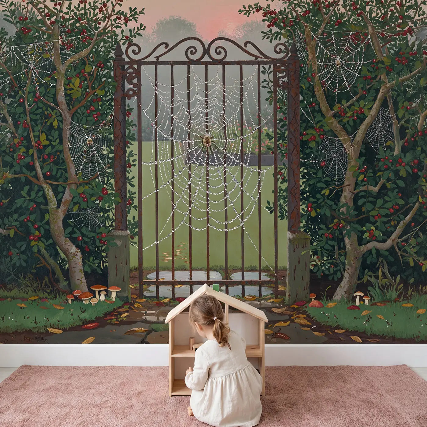 Child in nursery with Dewy Cobweb Garden Gate Wallpaper Mural by Whimsy Tots