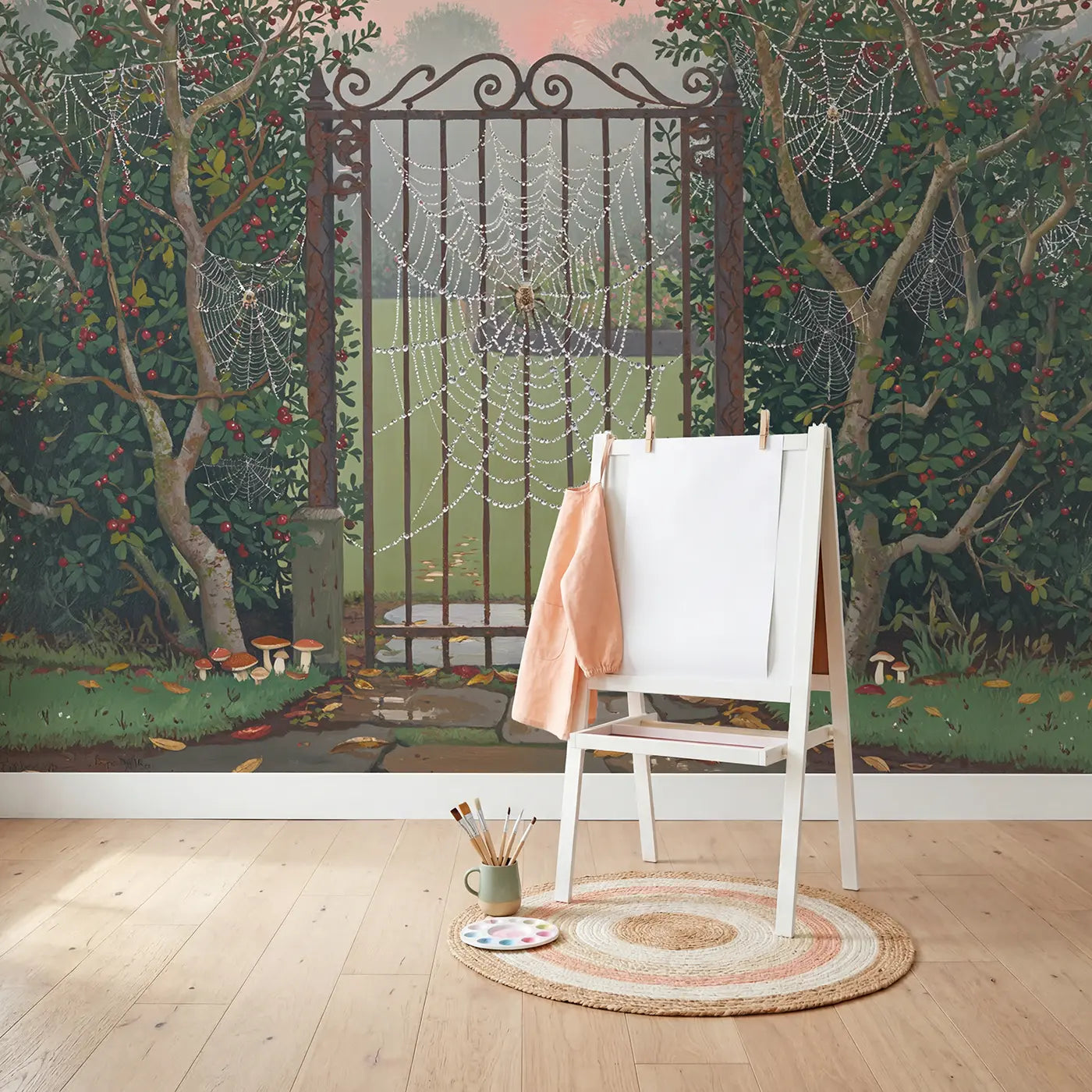 Dewy Cobweb Garden Gate Wallpaper Mural in playroom setting by Whimsy Tots