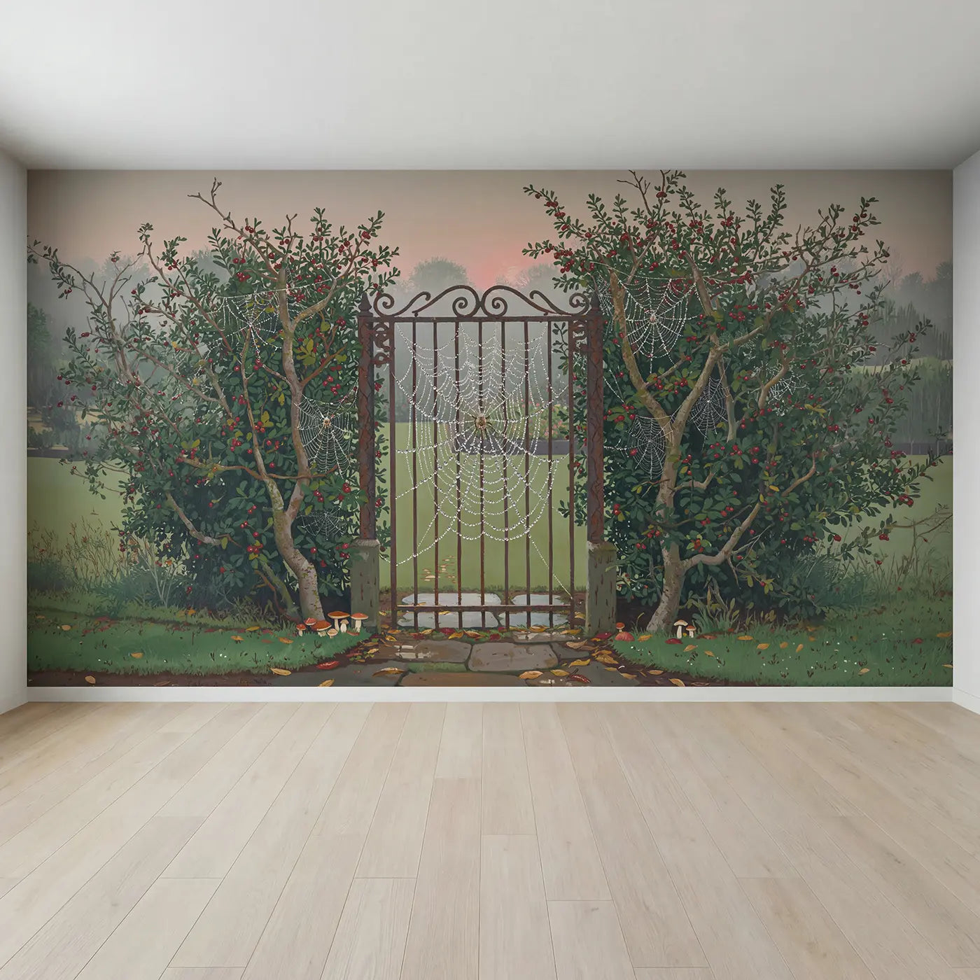 Full view of Dewy Cobweb Garden Gate Wallpaper Mural by Whimsy Tots