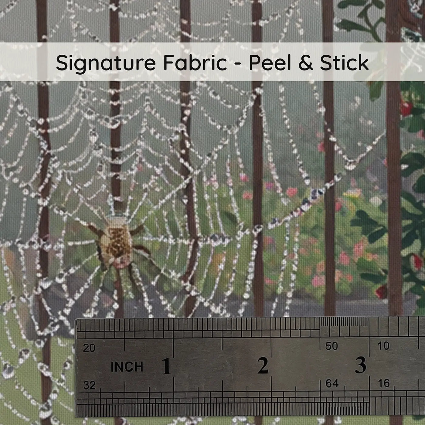 Fabric texture close-up of Dewy Cobweb Garden Gate Wallpaper Mural by Whimsy Tots