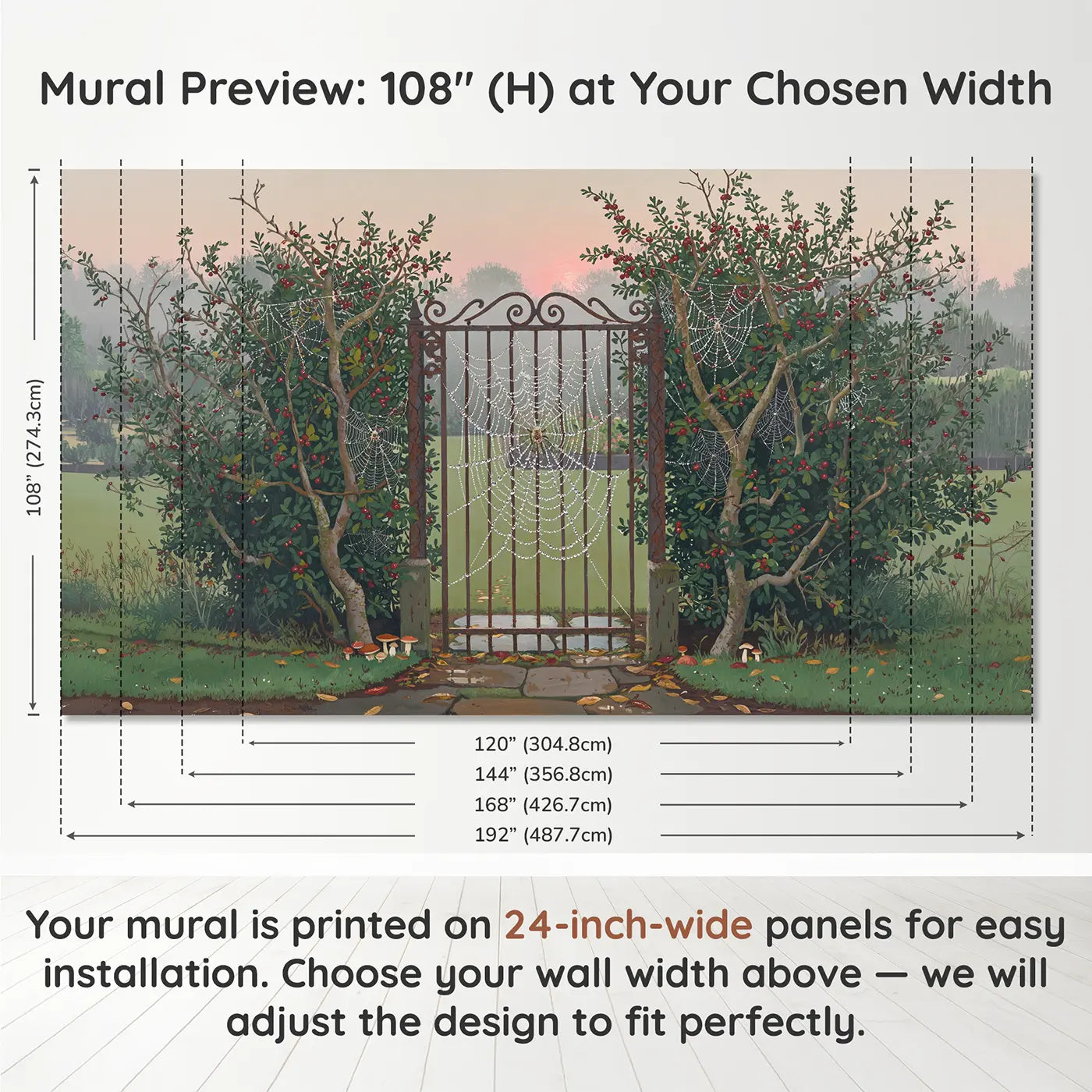 Panel layout and dimensions for Dewy Cobweb Garden Gate Wallpaper Mural by Whimsy Tots