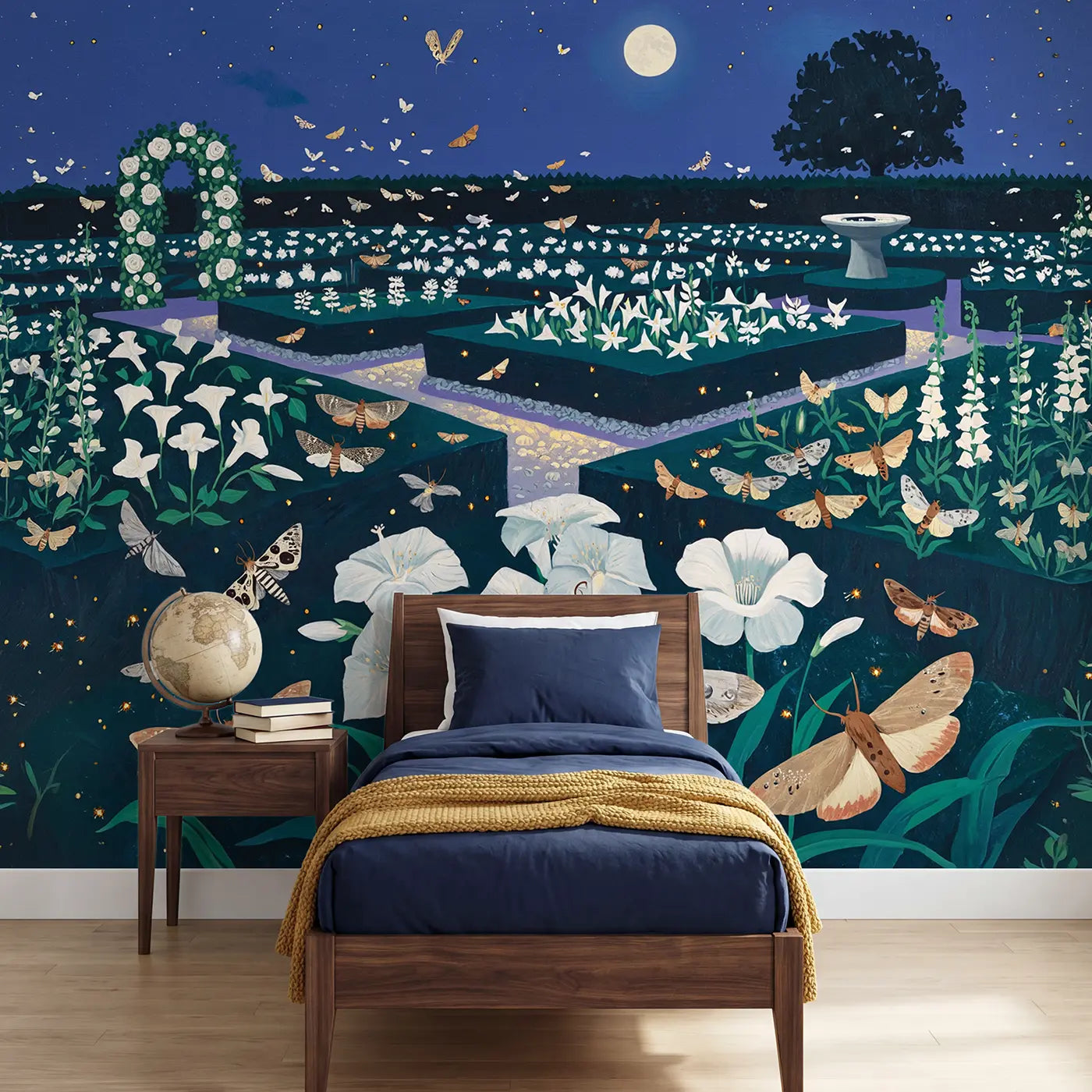 Gouache illustration butterfly and garden wallpaper mural for kids room by Whimsy Tots