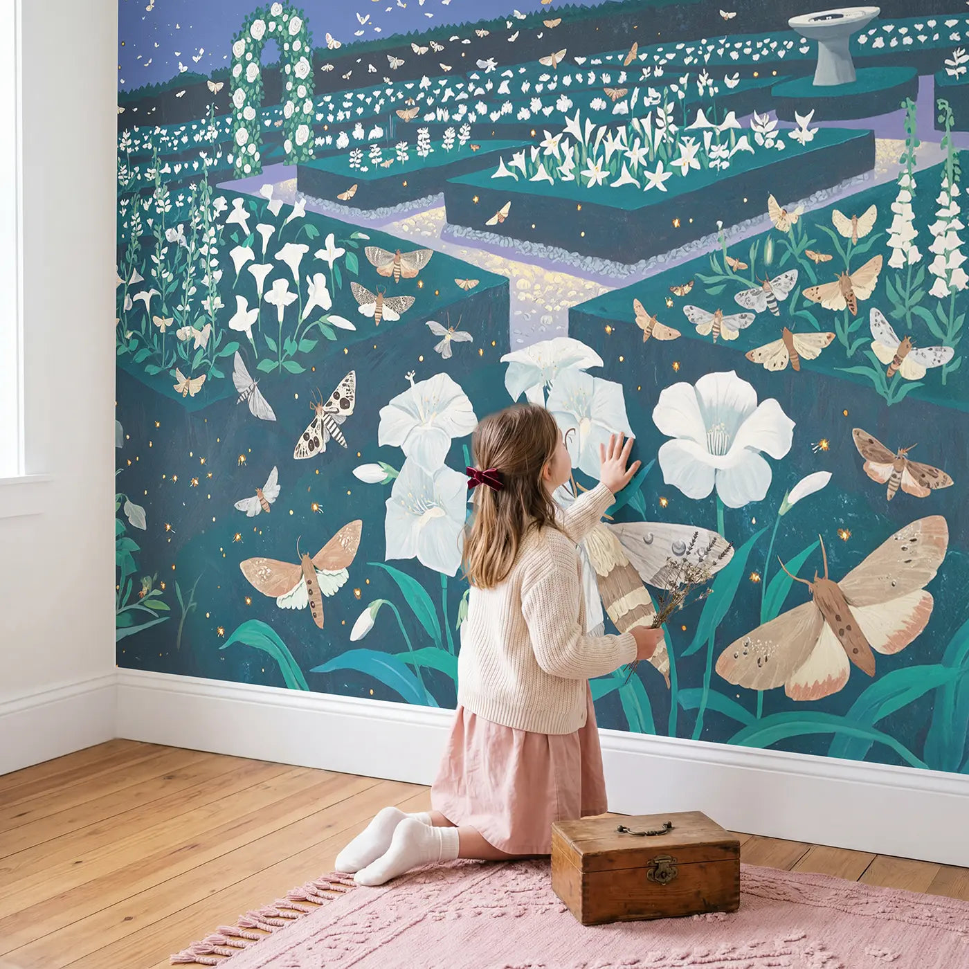 Child in nursery with Moonlight Moth Garden Night Wallpaper Mural by Whimsy Tots