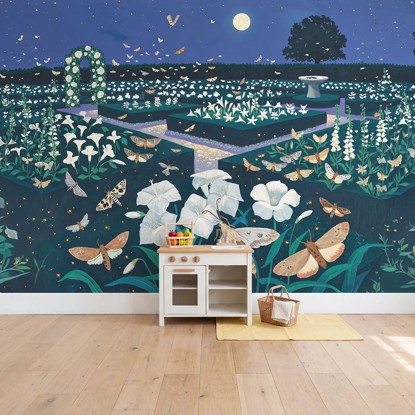 Moonlight Moth Garden Night Wallpaper Mural in playroom setting by Whimsy Tots