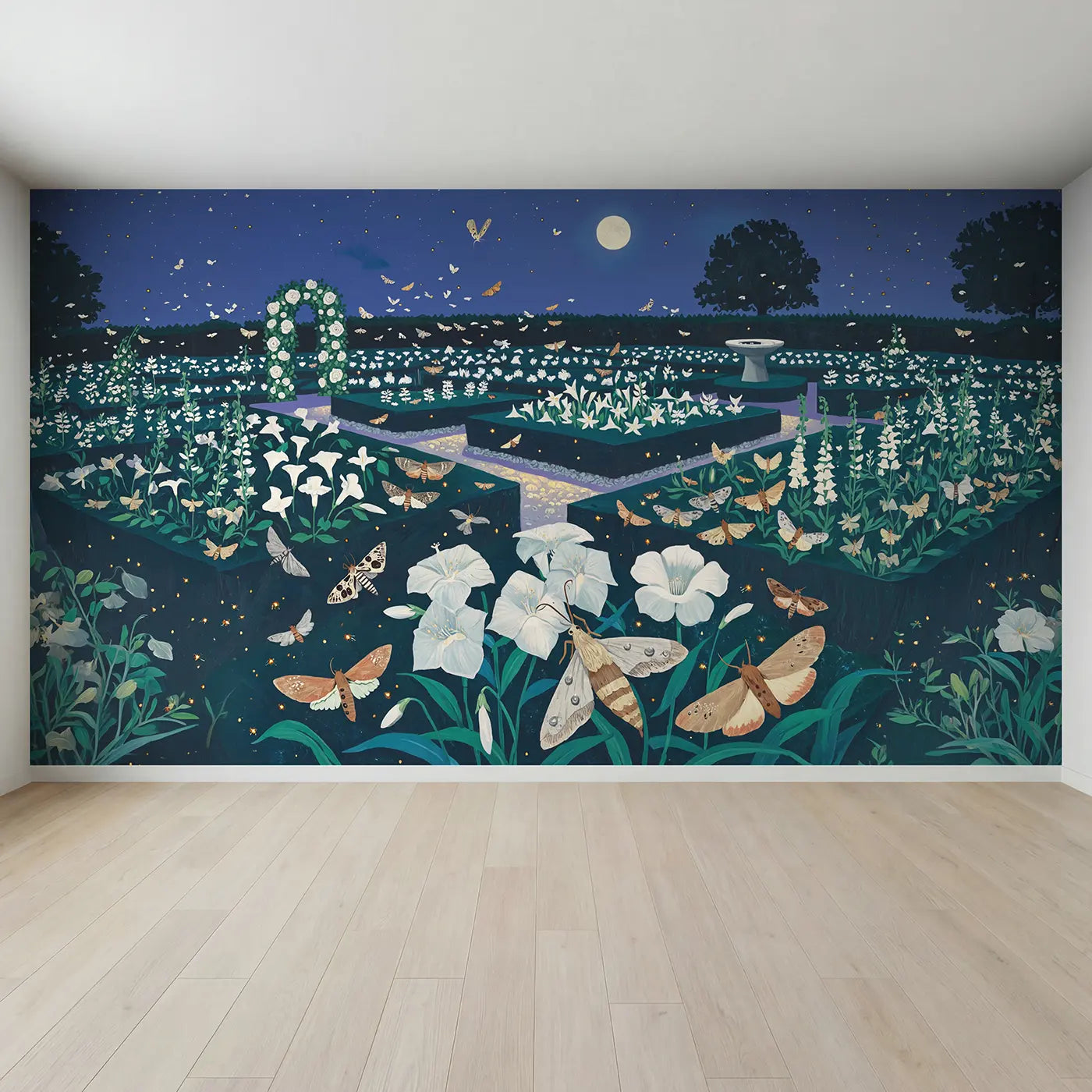 Full view of Moonlight Moth Garden Night Wallpaper Mural by Whimsy Tots