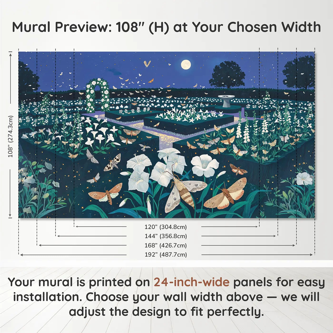 Panel layout and dimensions for Moonlight Moth Garden Night Wallpaper Mural by Whimsy Tots