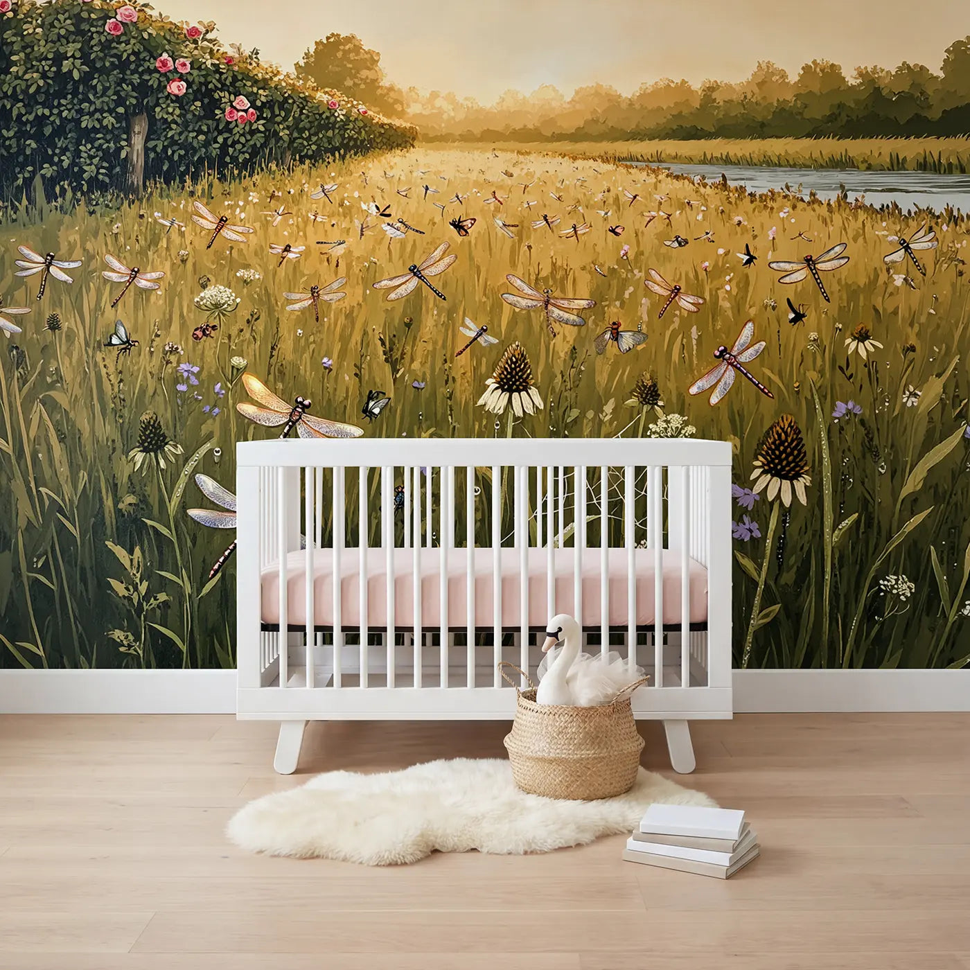 Block print dragonflies over wildflower meadow wallpaper mural for girls room by Whimsy Tots