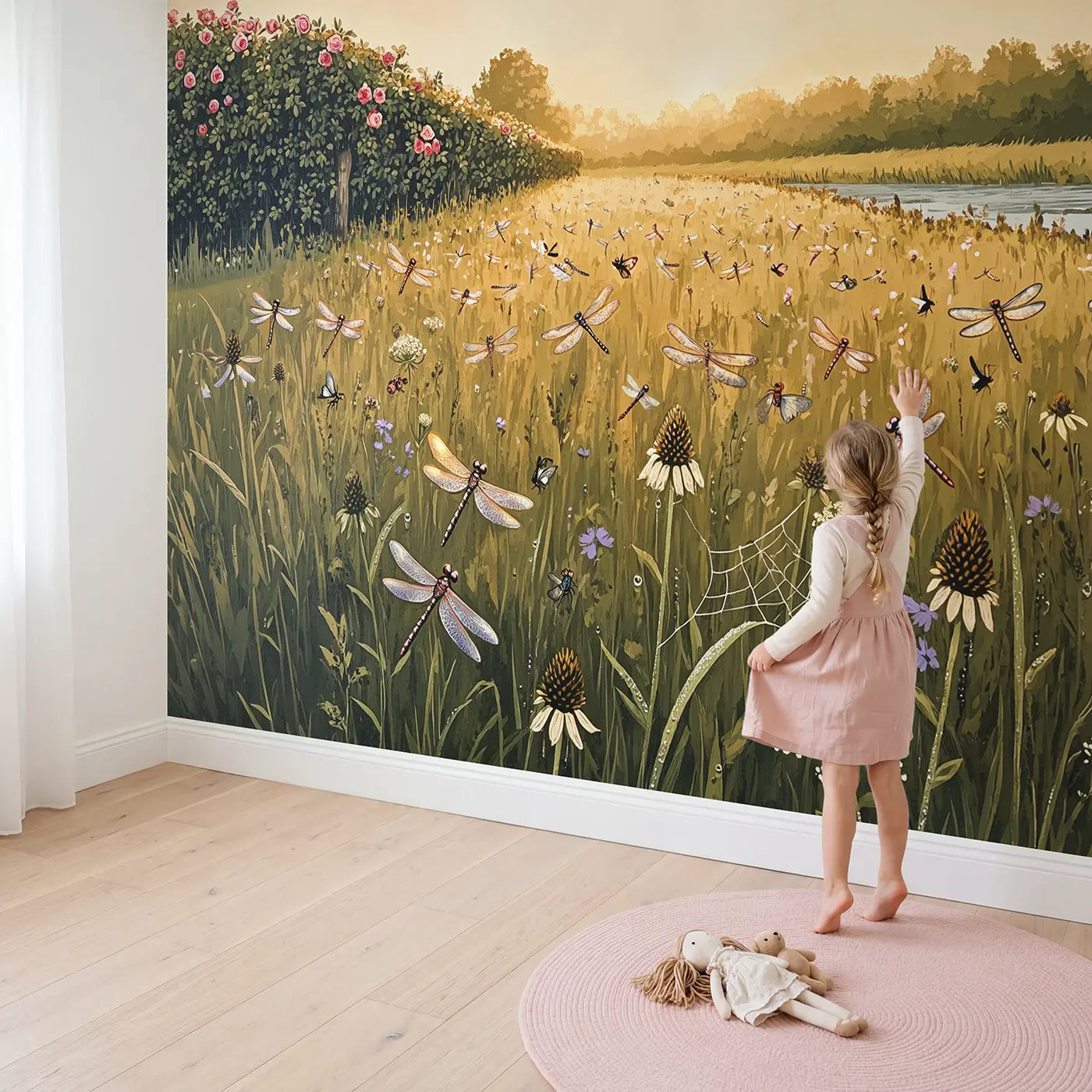 Child in nursery with Dragonfly Meadow Dance Wallpaper Mural by Whimsy Tots