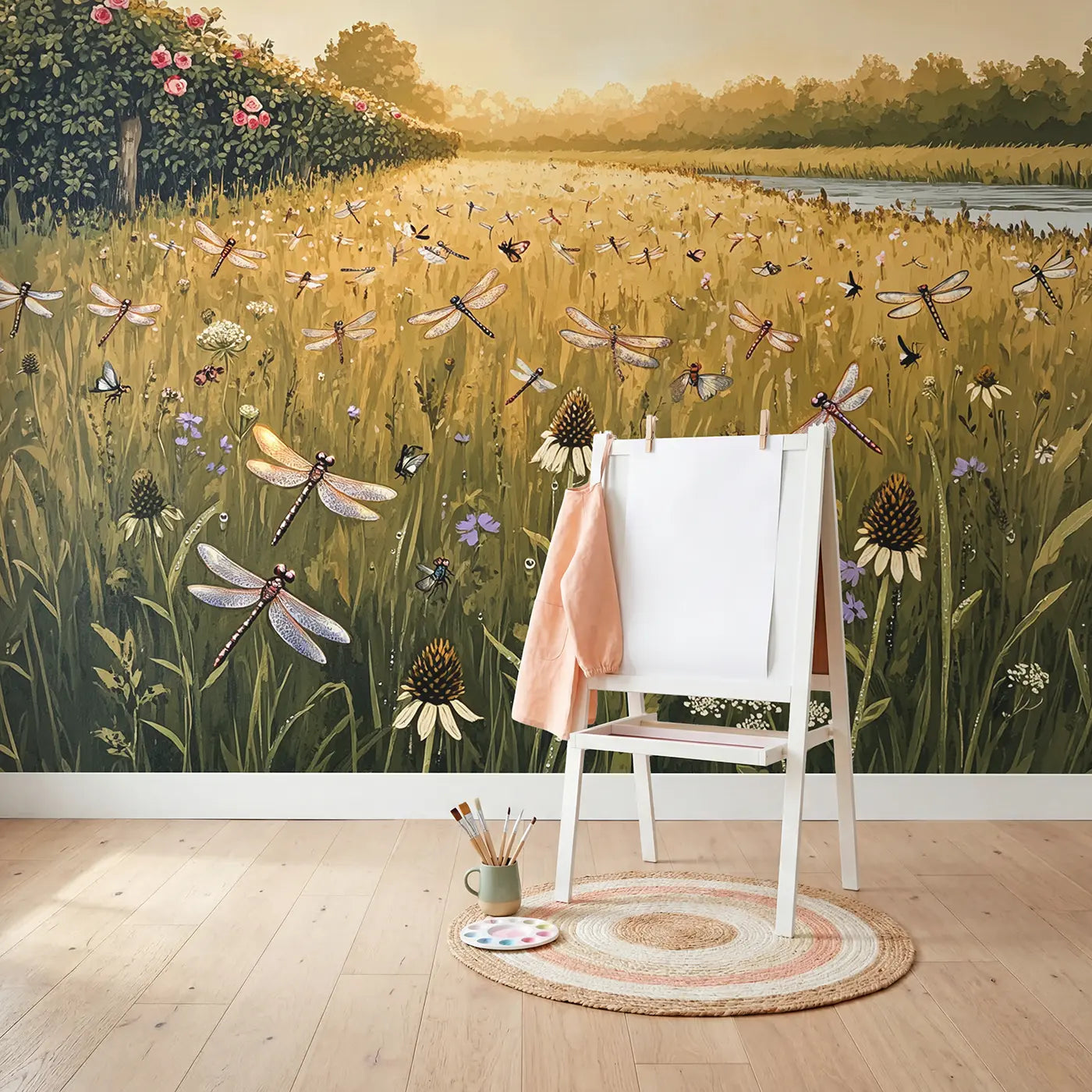 Dragonfly Meadow Dance Wallpaper Mural in playroom setting by Whimsy Tots