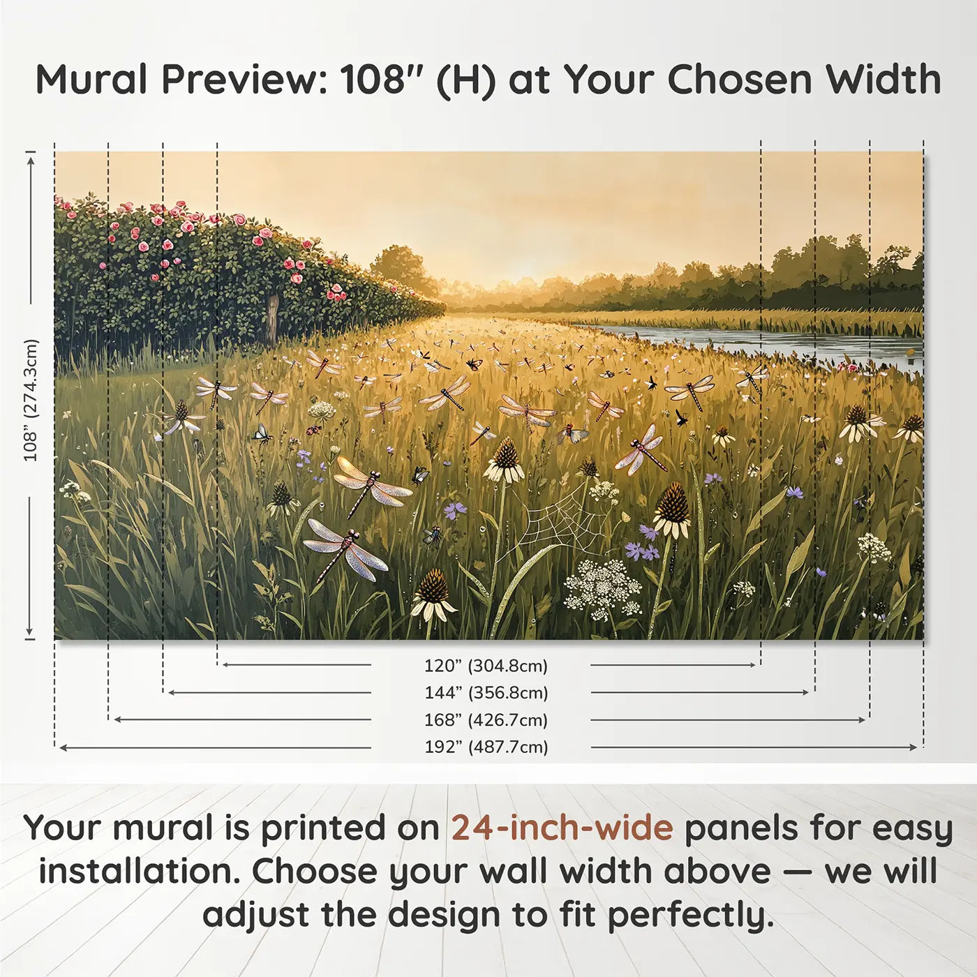 Panel layout and dimensions for Dragonfly Meadow Dance Wallpaper Mural by Whimsy Tots