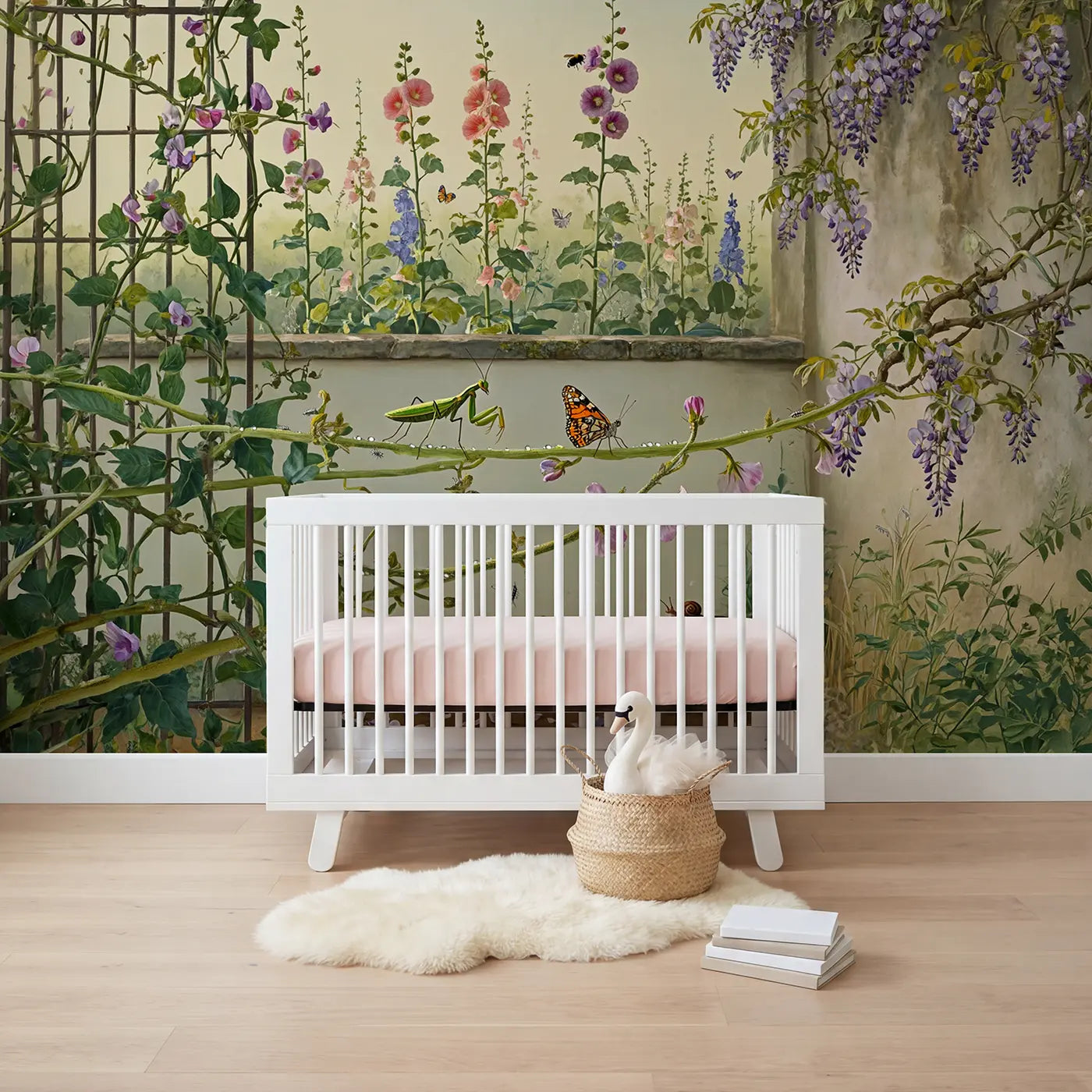 Botanical elegance mantis and butterflies wallpaper mural for nursery by Whimsy Tots