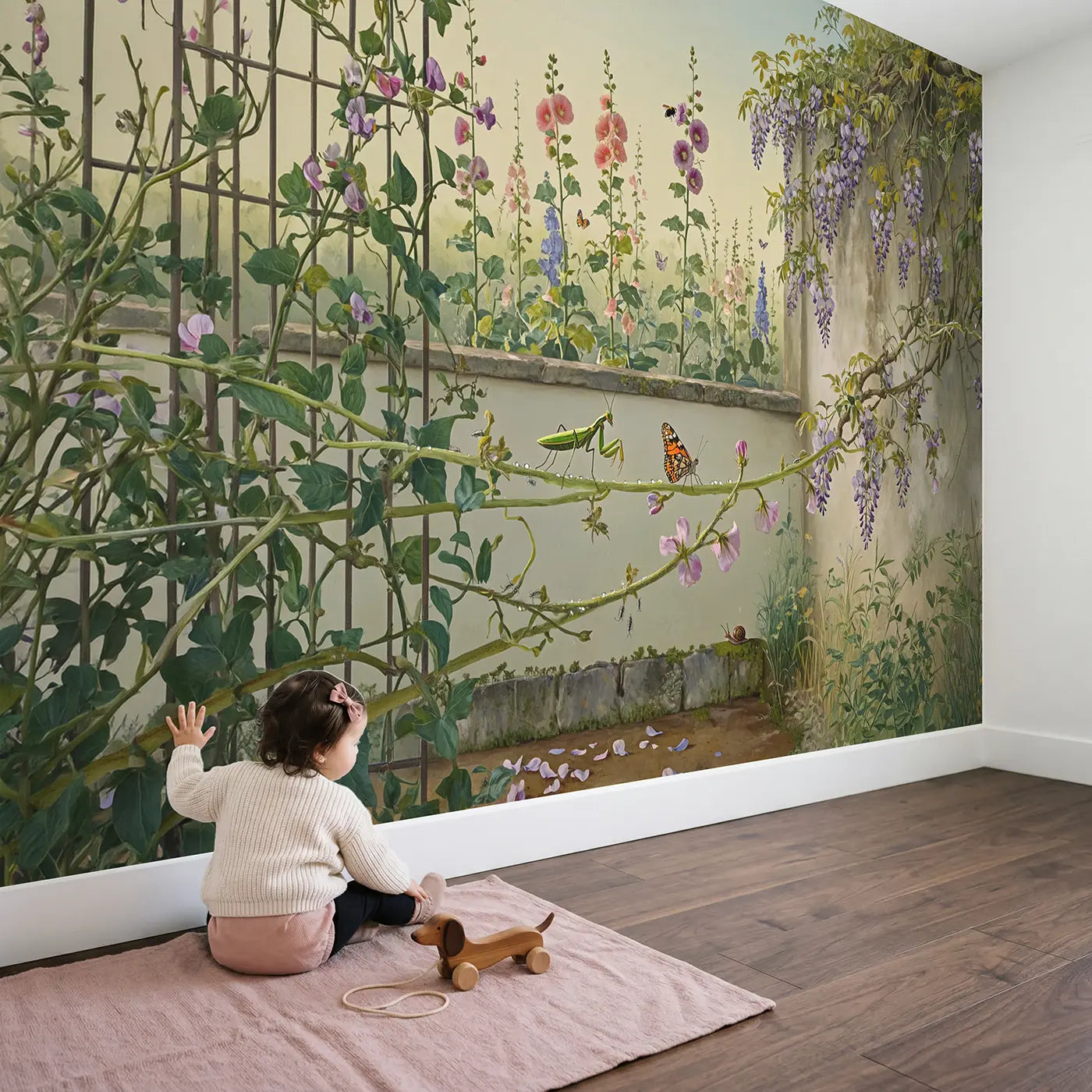 Child in nursery with Mantis and Butterfly Garden Wallpaper Mural by Whimsy Tots
