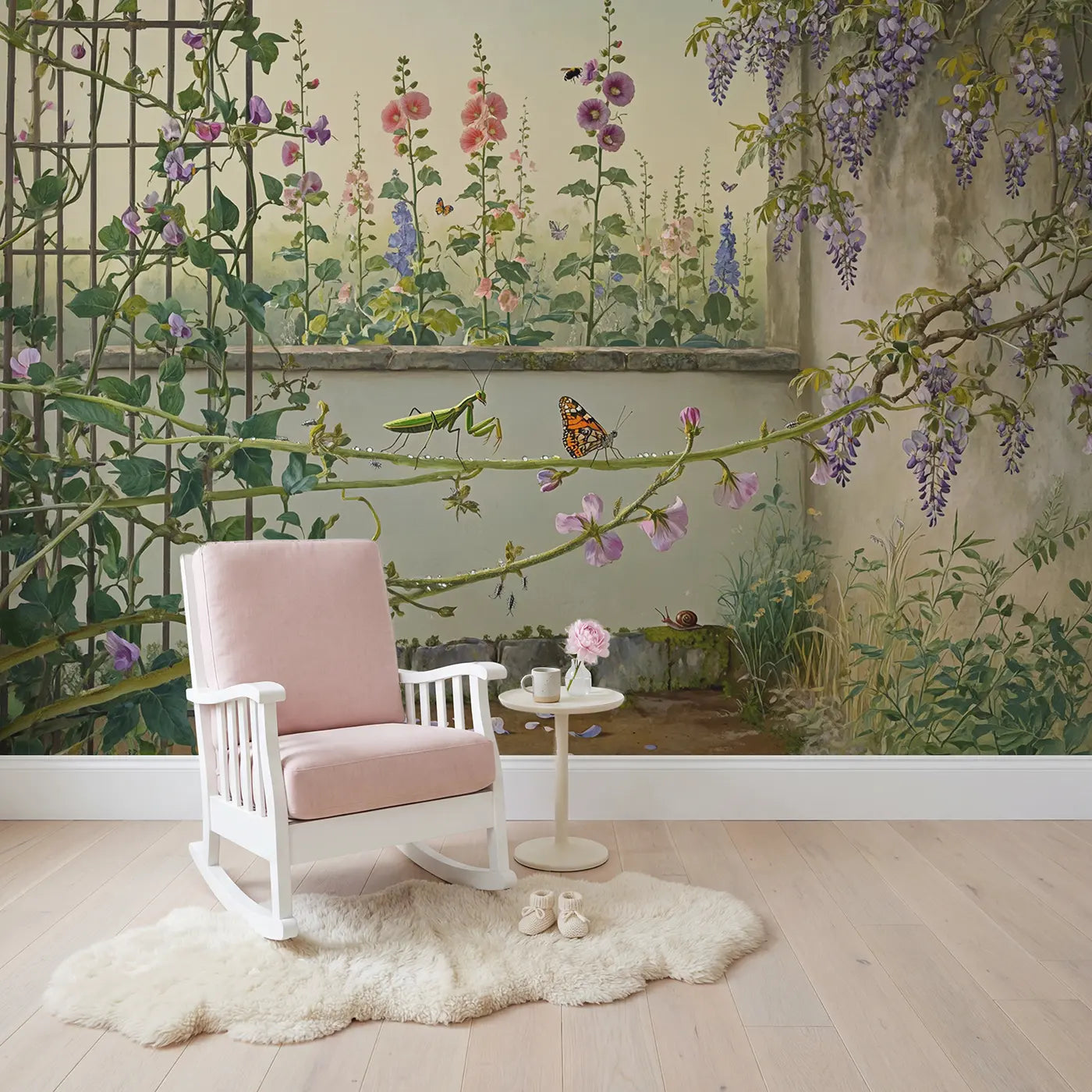 Mantis and Butterfly Garden Wallpaper Mural in playroom setting by Whimsy Tots