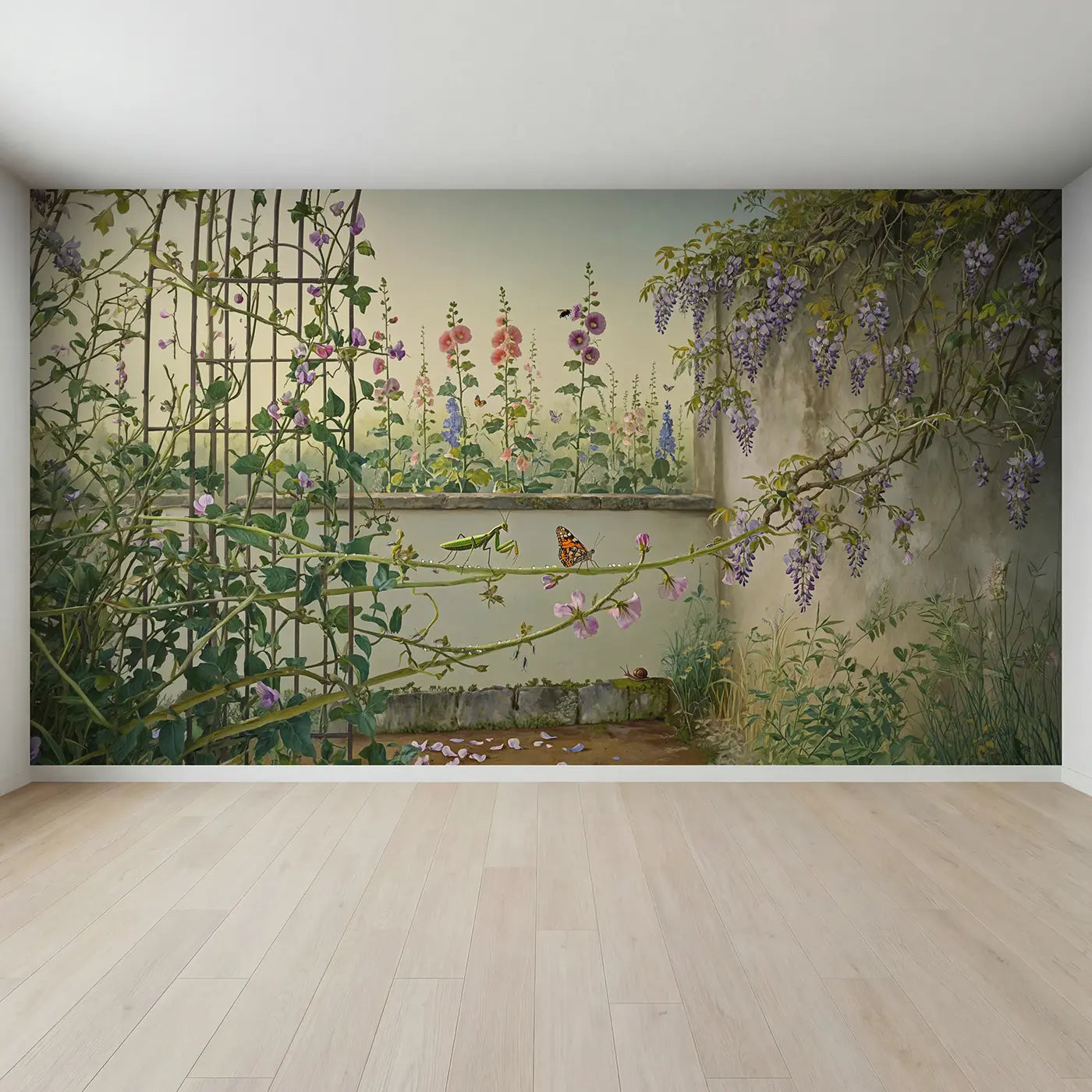 Full view of Mantis and Butterfly Garden Wallpaper Mural by Whimsy Tots