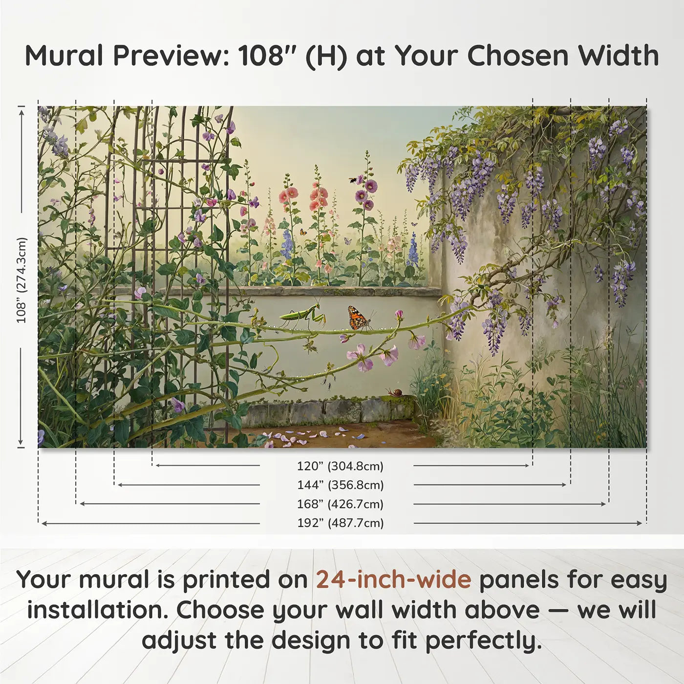 Panel layout and dimensions for Mantis and Butterfly Garden Wallpaper Mural by Whimsy Tots