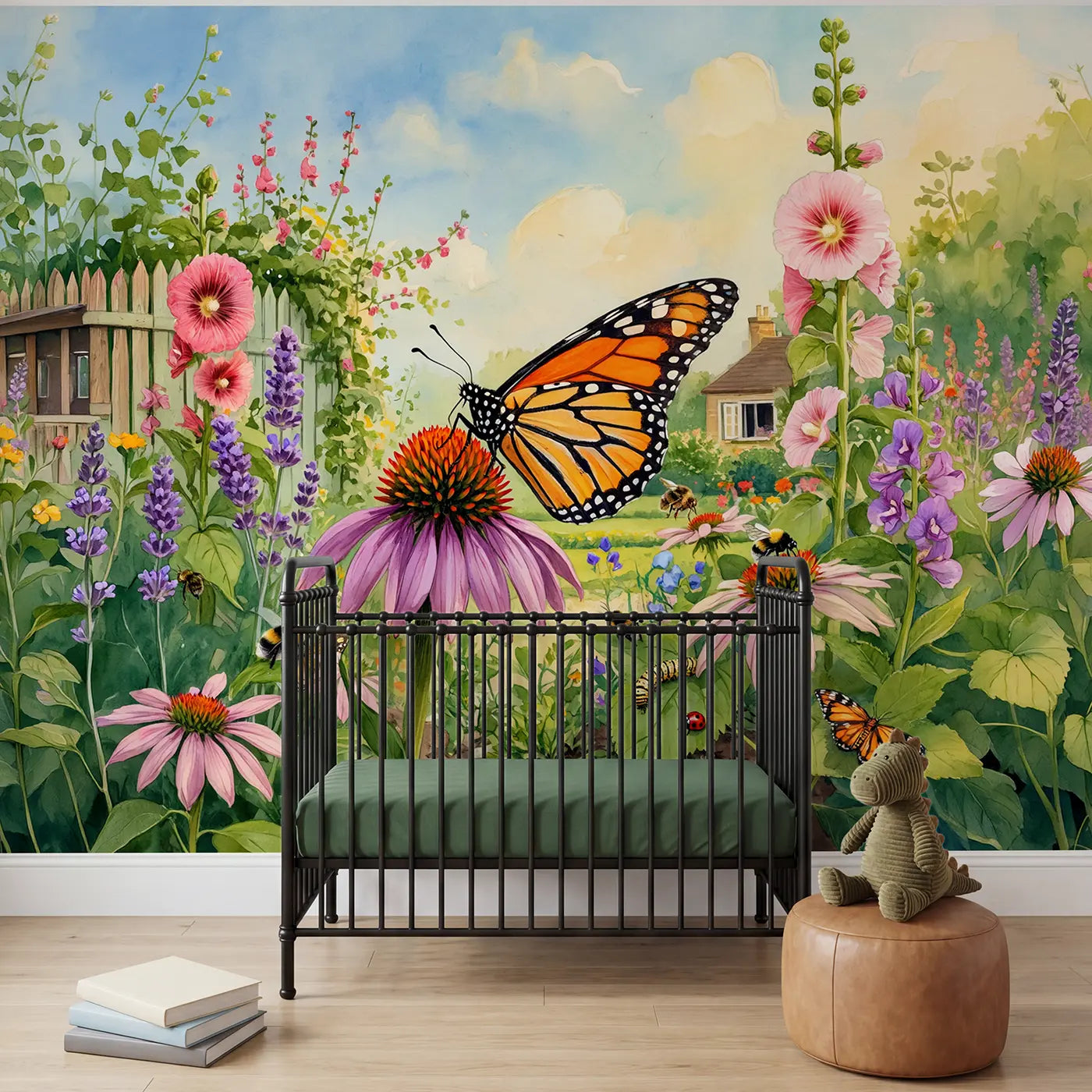 Watercolor monarch butterfly coneflower garden wallpaper mural for nursery by Whimsy Tots