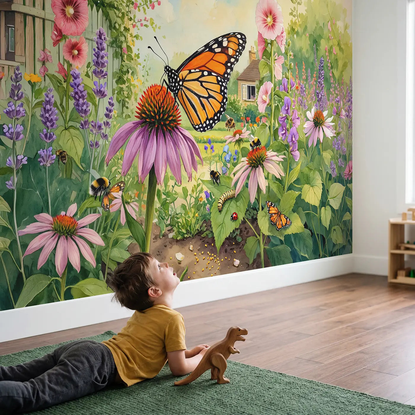 Child in nursery with Monarch Butterfly Coneflower Garden Wallpaper Mural by Whimsy Tots