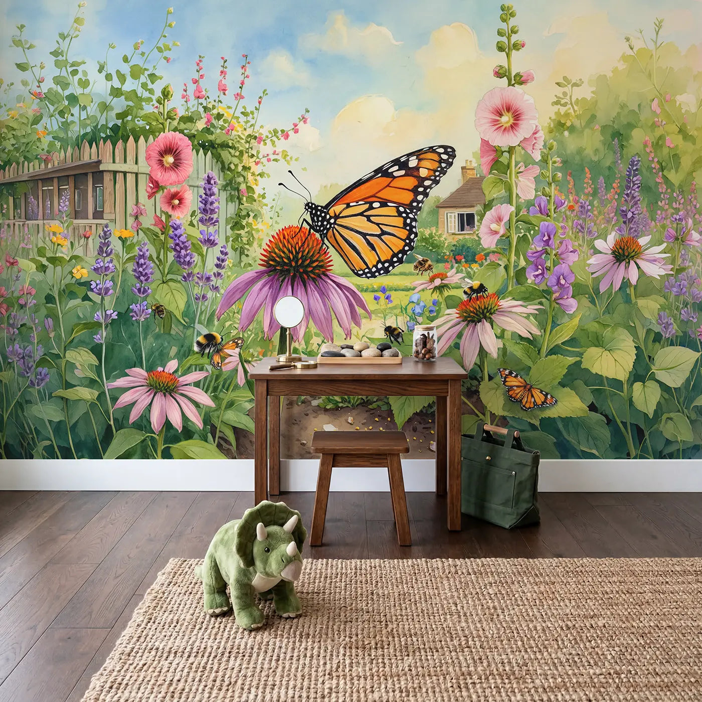Monarch Butterfly Coneflower Garden Wallpaper Mural in playroom setting by Whimsy Tots