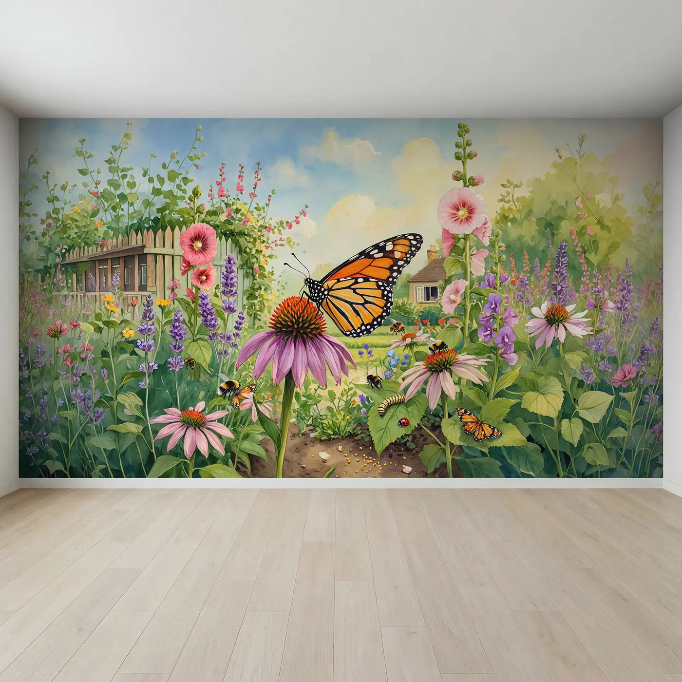 Full view of Monarch Butterfly Coneflower Garden Wallpaper Mural by Whimsy Tots