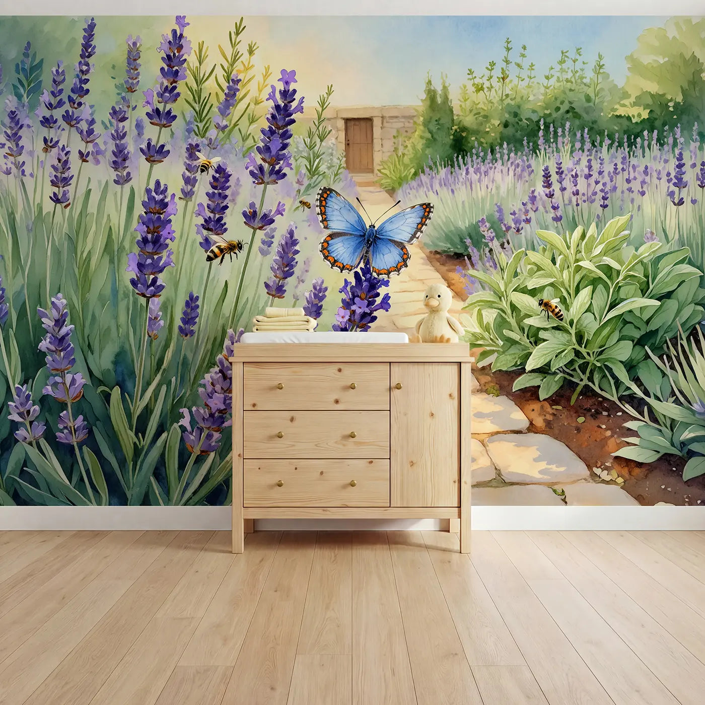 watercolor blue butterfly lavender garden mural for nursery by Whimsy Tots