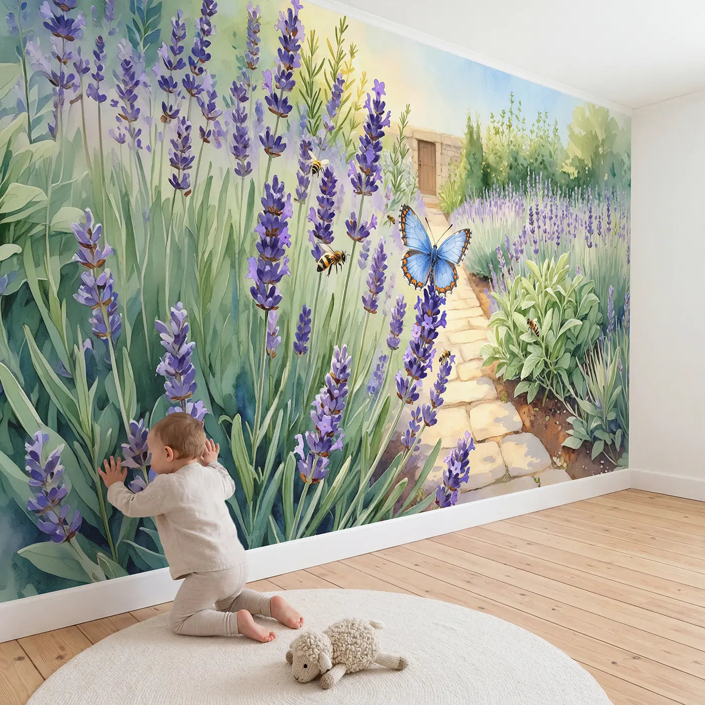 Child in nursery with Blue Butterfly Lavender Sprig Garden Wallpaper Mural by Whimsy Tots
