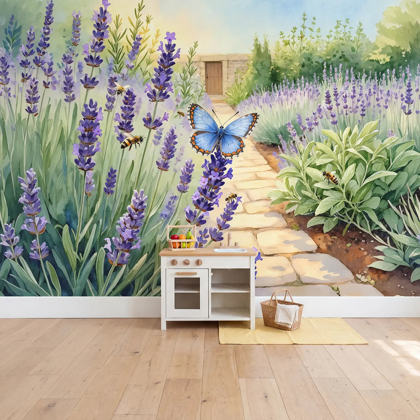Blue Butterfly Lavender Sprig Garden Wallpaper Mural in playroom setting by Whimsy Tots