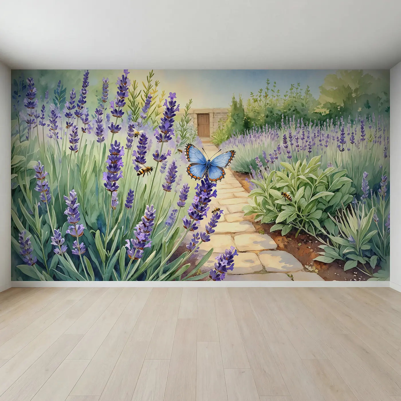 Full view of Blue Butterfly Lavender Sprig Garden Wallpaper Mural by Whimsy Tots