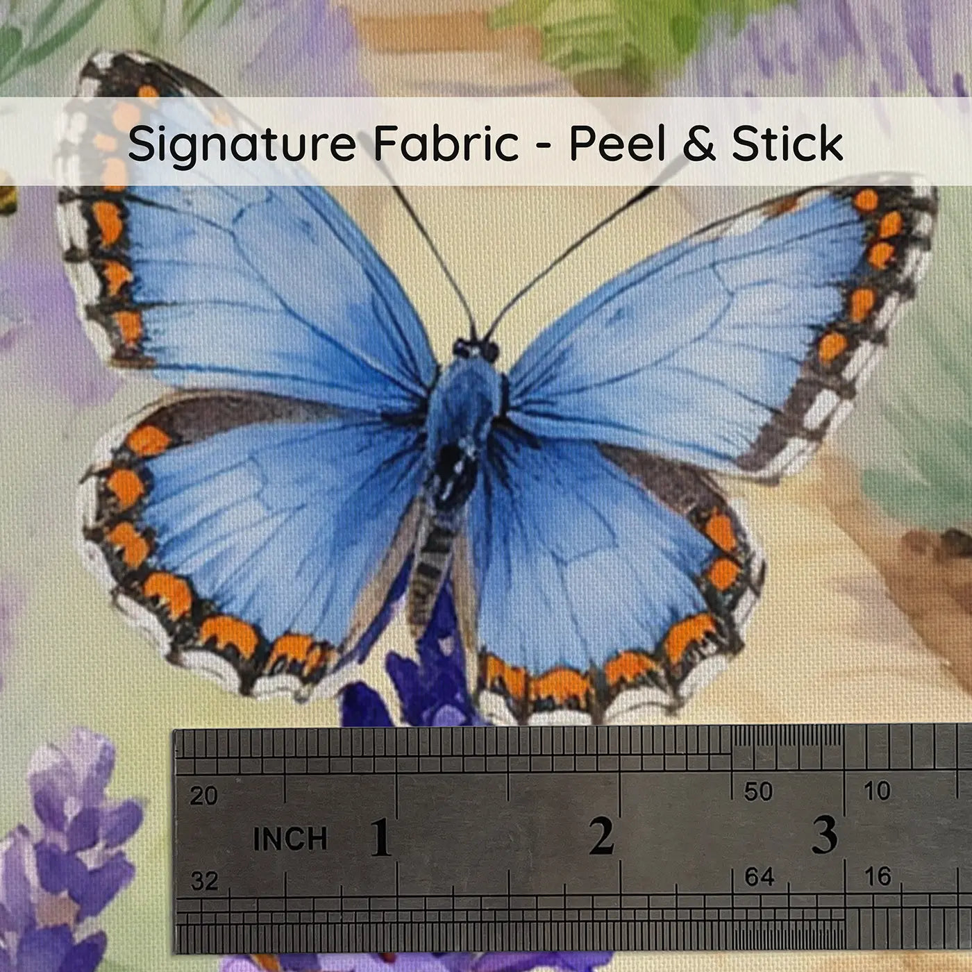 Fabric texture close-up of Blue Butterfly Lavender Sprig Garden Wallpaper Mural by Whimsy Tots