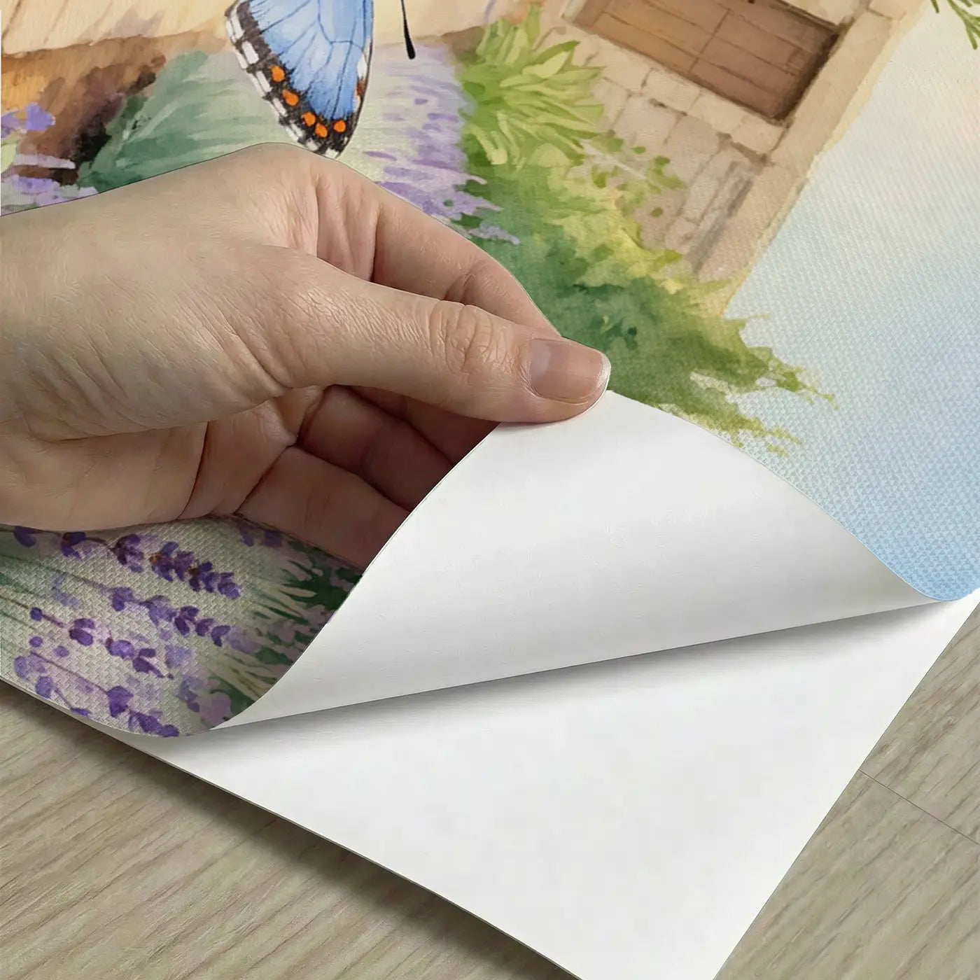 Peel-and-stick detail of Blue Butterfly Lavender Sprig Garden Wallpaper Mural by Whimsy Tots