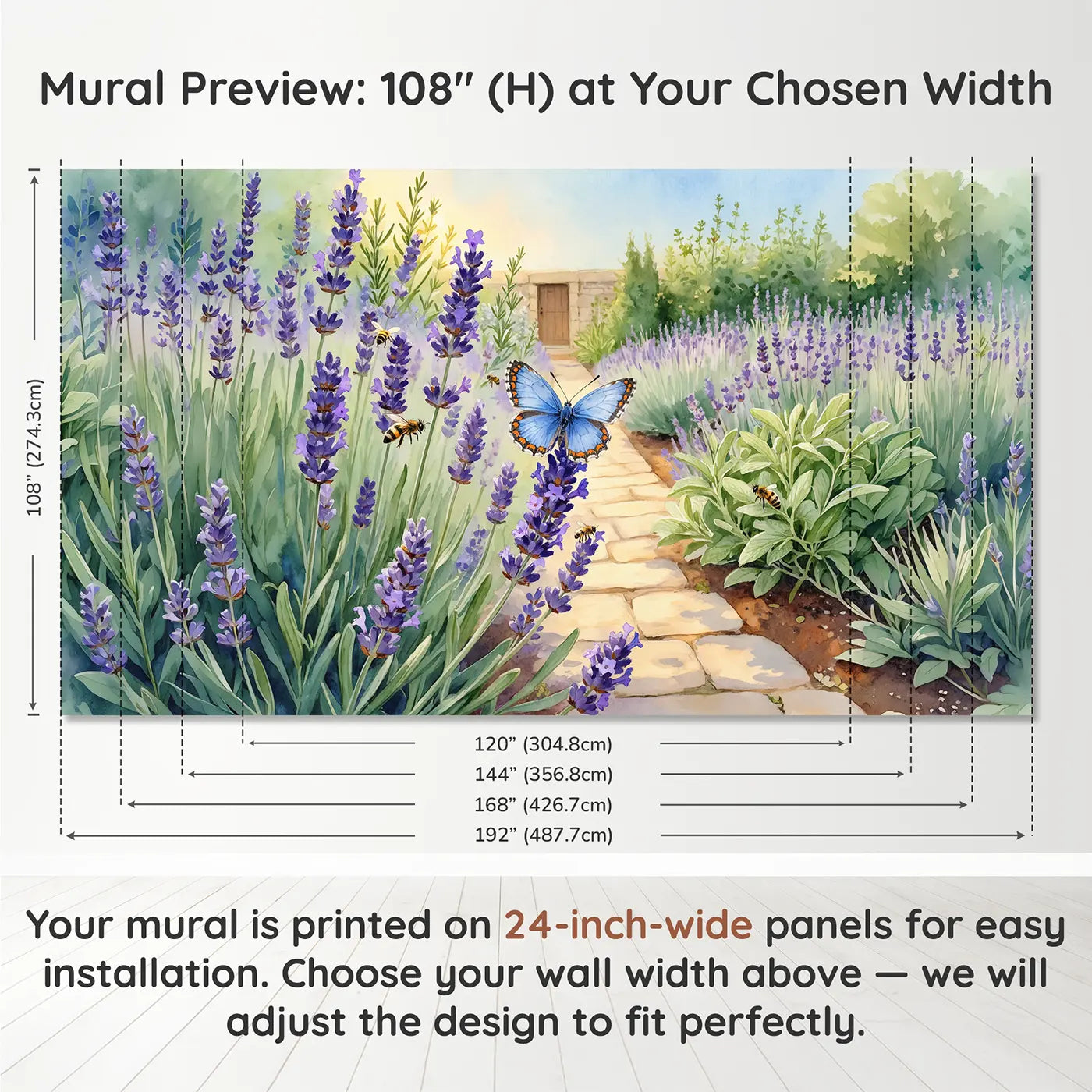 Panel layout and dimensions for Blue Butterfly Lavender Sprig Garden Wallpaper Mural by Whimsy Tots