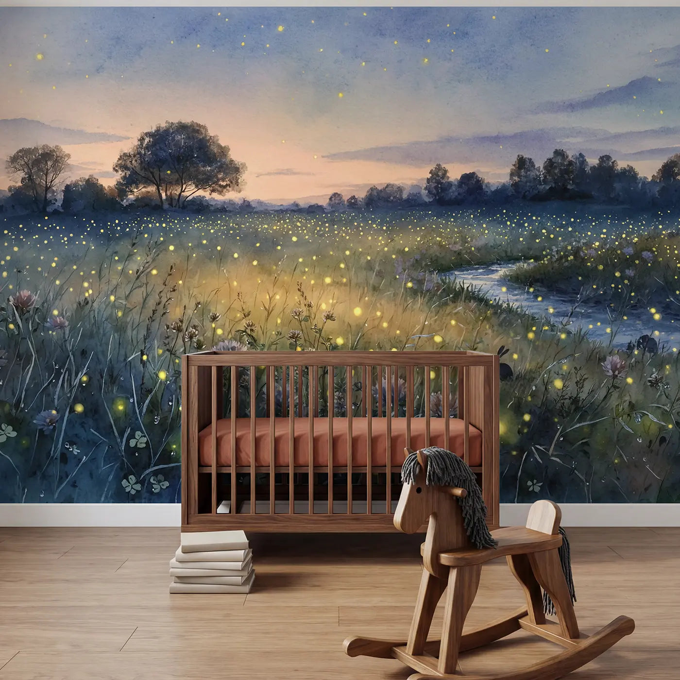Watercolor firefly meadow twilight wallpaper mural for nursery by Whimsy Tots