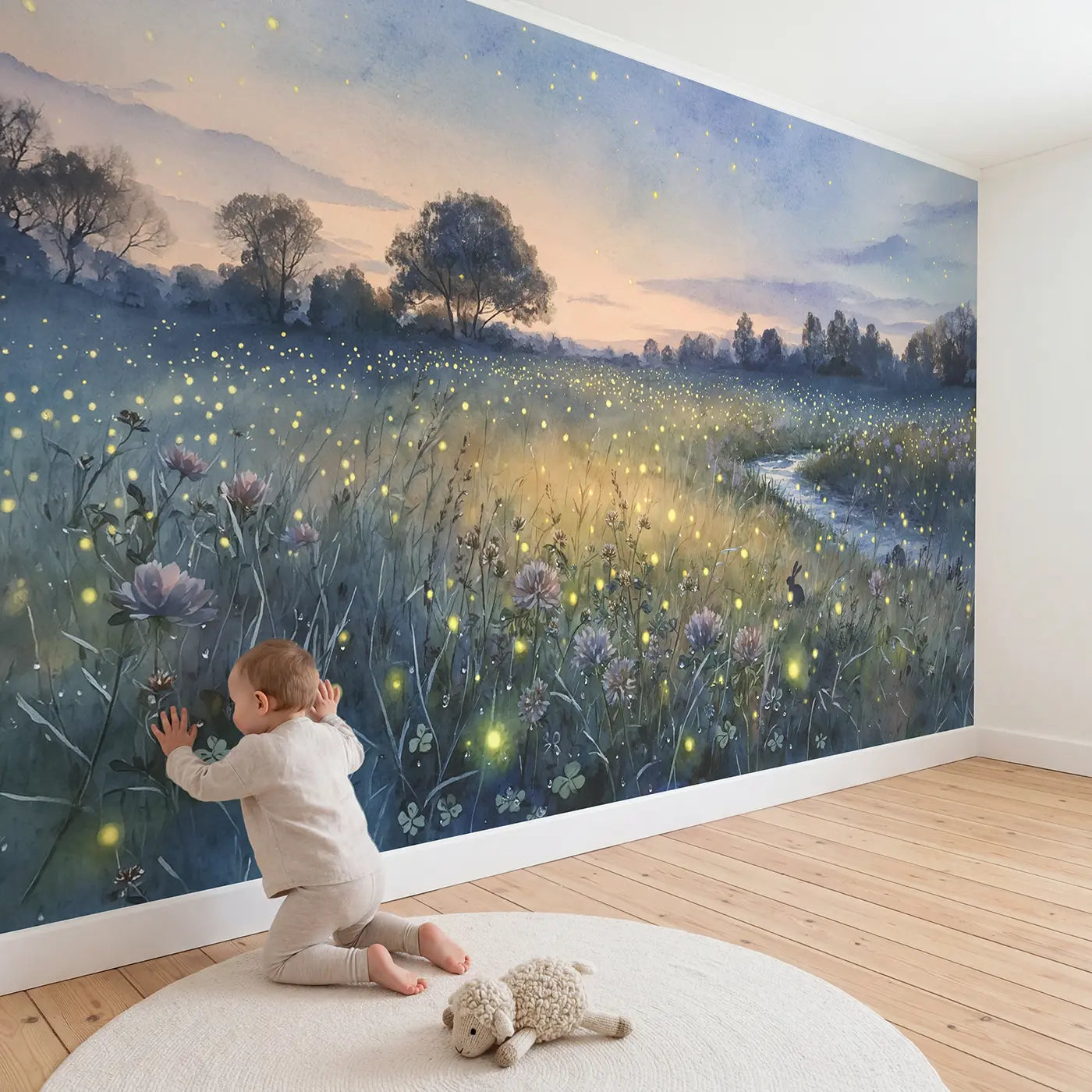 Child in nursery with Twilight Firefly Meadow Wallpaper Mural by Whimsy Tots