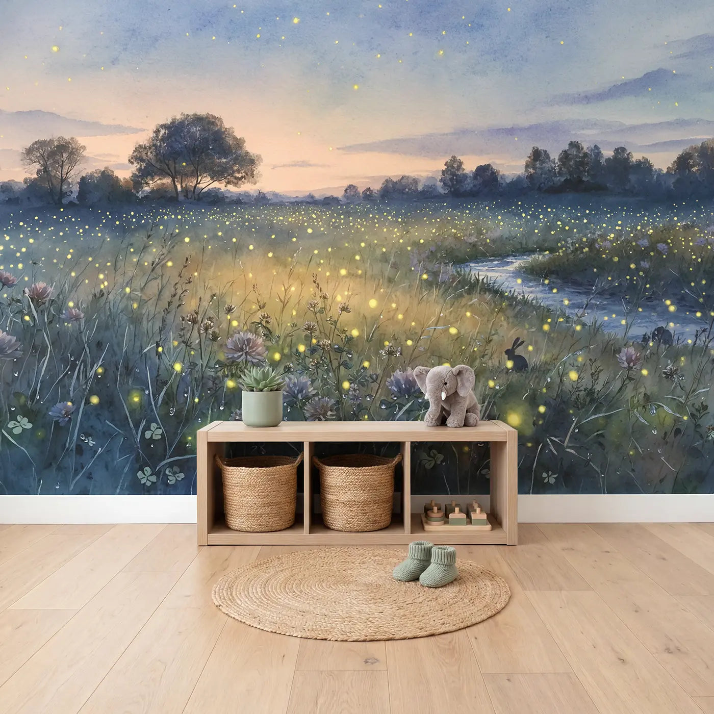 Twilight Firefly Meadow Wallpaper Mural in playroom setting by Whimsy Tots